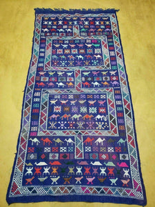 3' X 7' Vintage Handmade Indian Wool Kilim Flat weave Rug Camel Birds Blue Geometric Short Runner - Jewel Rugs