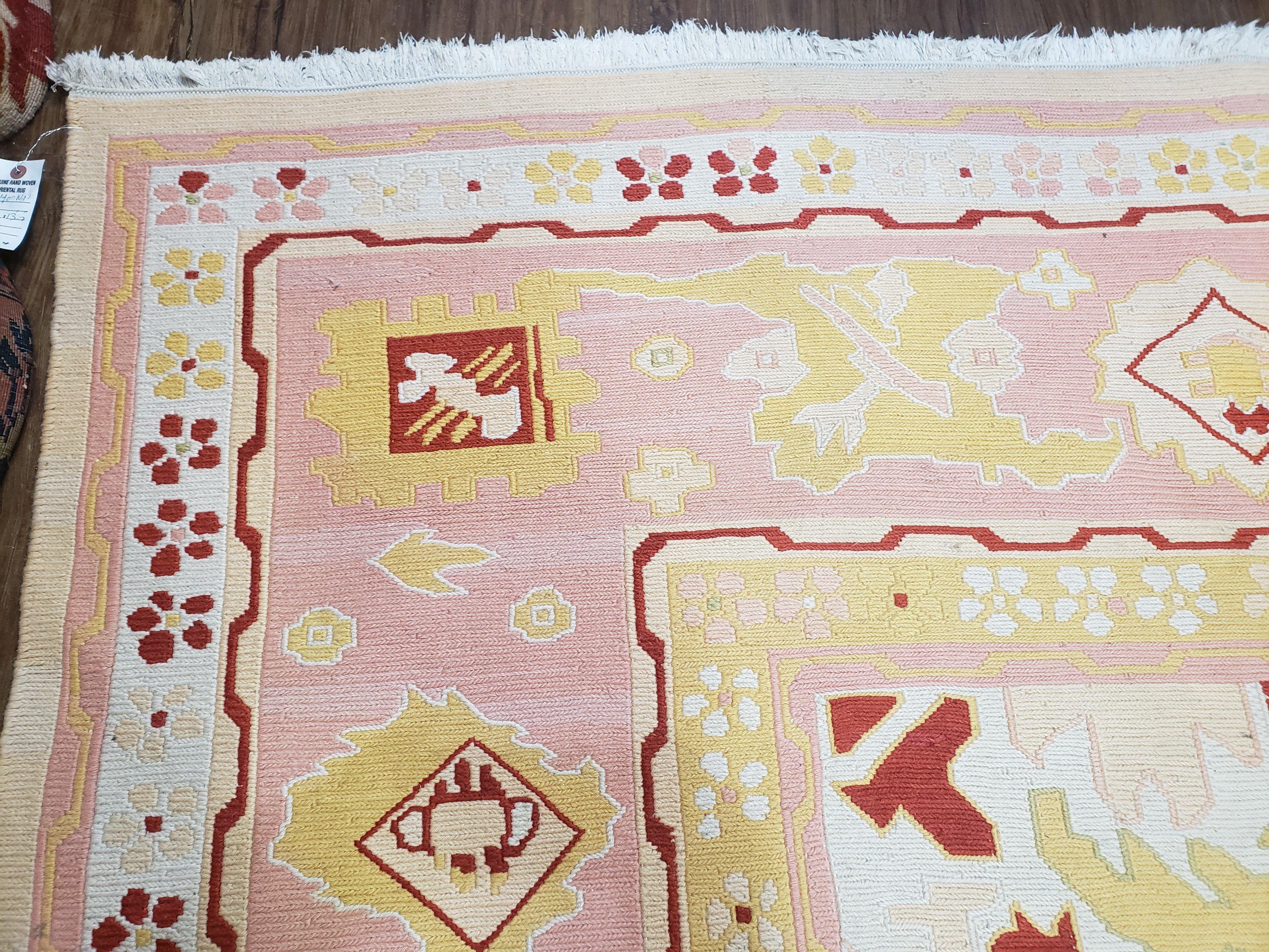 Large Turkish Kilim Carpet 10x14, Vintage Hand-Knotted Turkish Kilim Rug 10 x 14, Pink Cream Yellow Red, Decorative, Geometric, Unique - Jewel Rugs