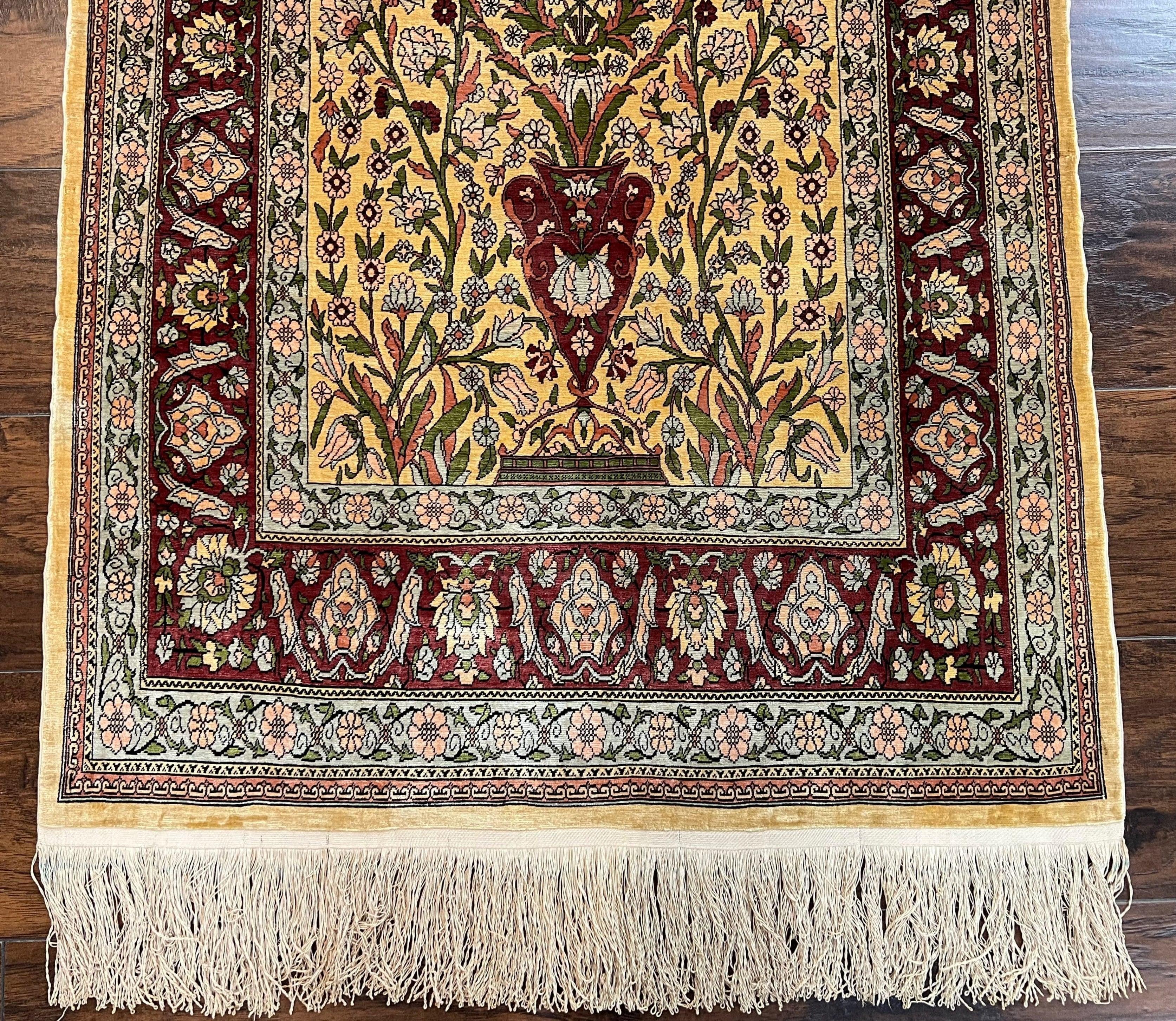 Wonderful Silk Turkish Hereke Prayer Rug 2.8 x 4.5, Tree of Life Design, Signature from Master Weaver, Gold and Burgundy, Handmade, 625 KPSI - Jewel Rugs