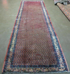 Persian Runner Rug 3.7 x 11, Persian Seraband Saraband Rug, Mir Pattern, Repeated Paisley Boteh, Red Beige and Blue, Hand Knotted Vintage Antique Wool Oriental Runner 11ft - Jewel Rugs