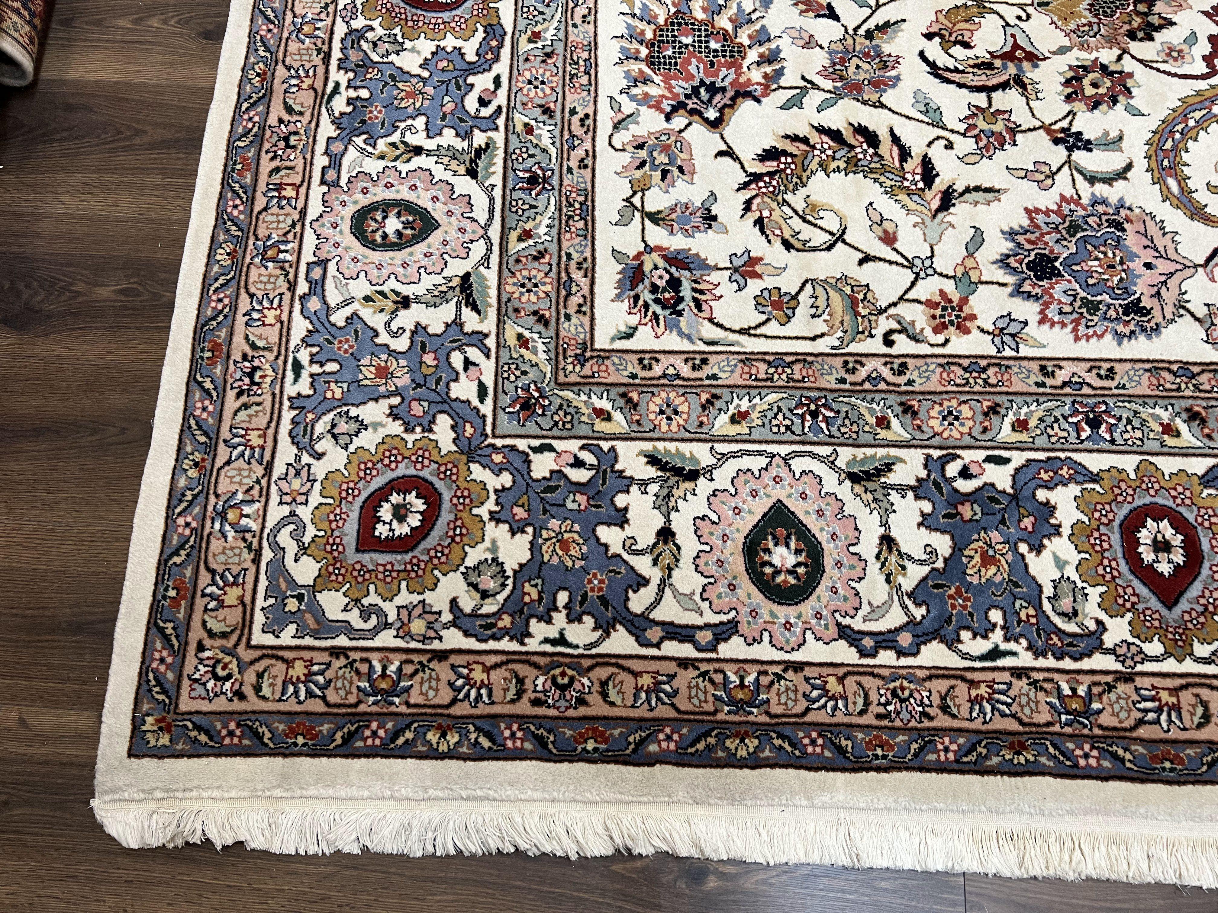 Large Indo Persian Rug 10x14, Hand Knotted Wool Area Rug 10 x 14, Vintage Oriental Carpet, Allover Floral, Indian Mahal, Ivory and Teal Rug - Jewel Rugs