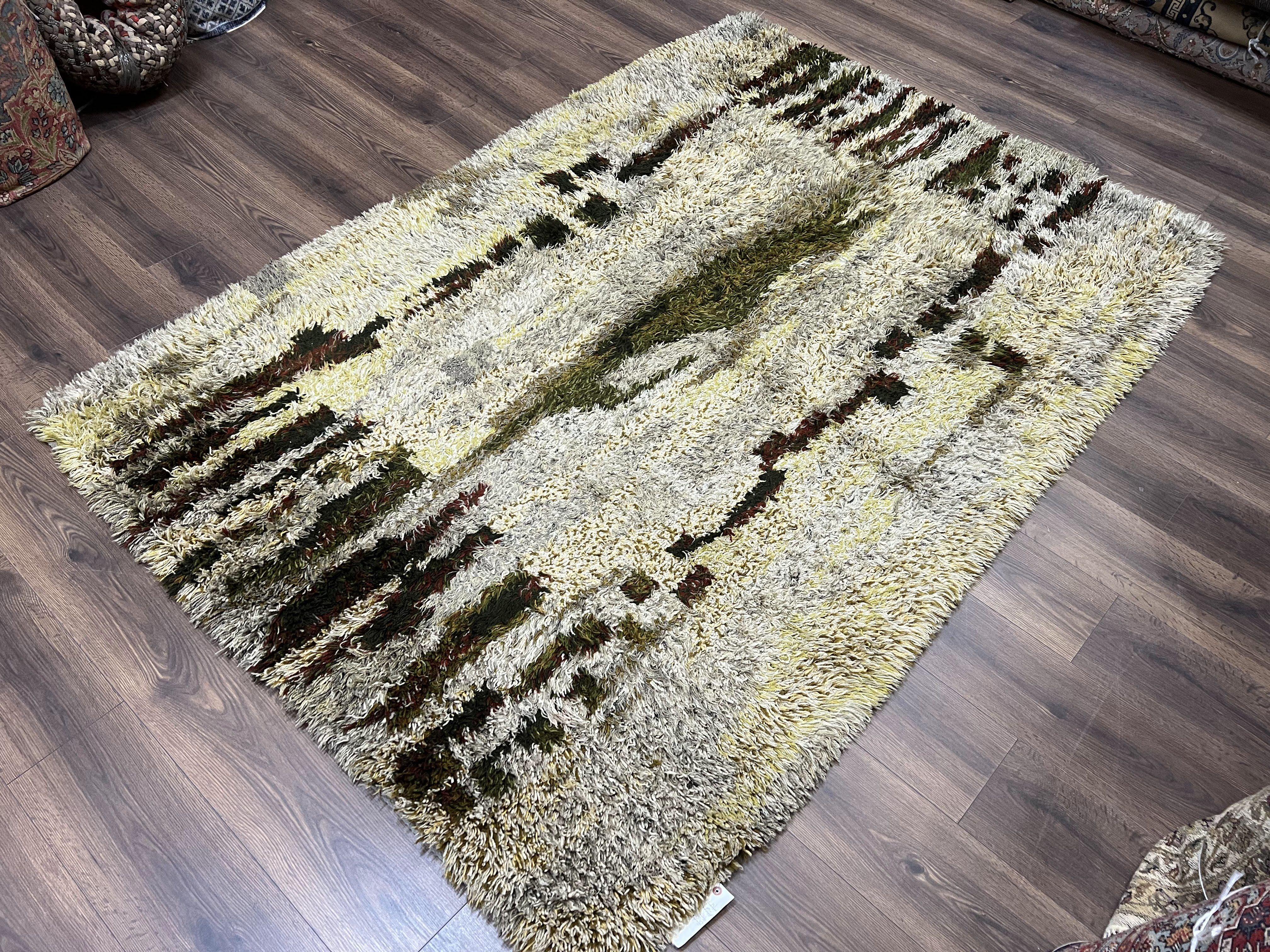 Swedish Rya Shag Rug 5x8, Multicolor Abstract Mid Century Vintage Retro Shag Rug, Soft Fluffy High Pile, Cream Gray Greens, 5 x 8 Shag Rug - Jewel Rugs