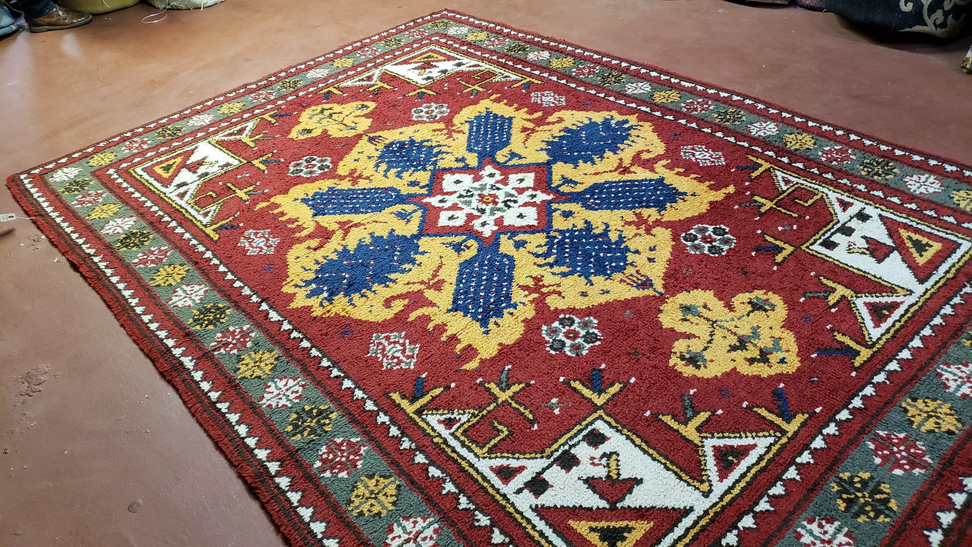 Colorful Moroccan Heriz Rug 6x9, Large Central Medallion, Red Yellow Blue - Jewel Rugs