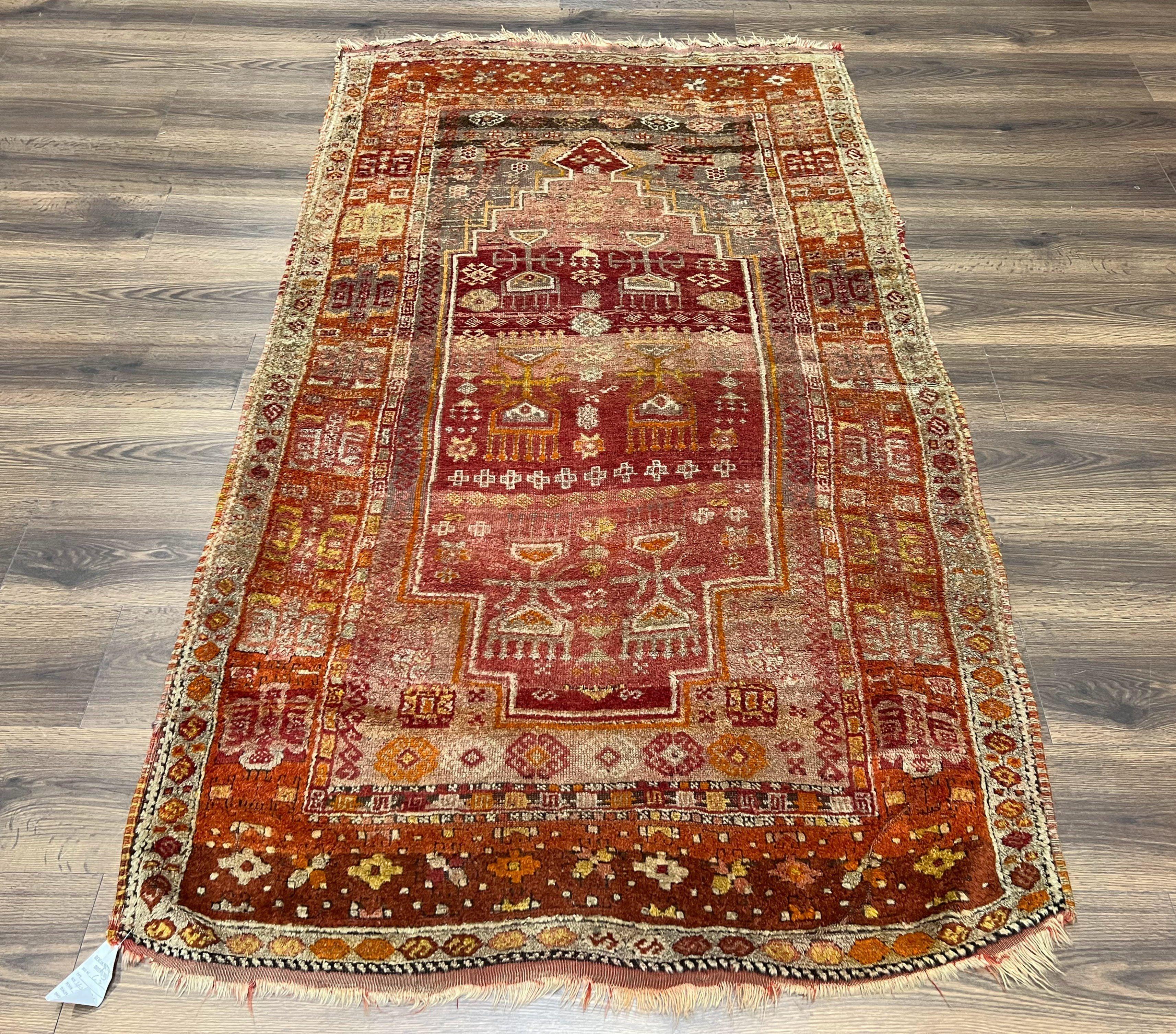 Antique Turkish Melas Rug 4x7, Tribal Geometric Unique Collectible Hand Knotted Wool Oriental Carpet, Rare 1920s Rug, Burnt Orange Red - Jewel Rugs