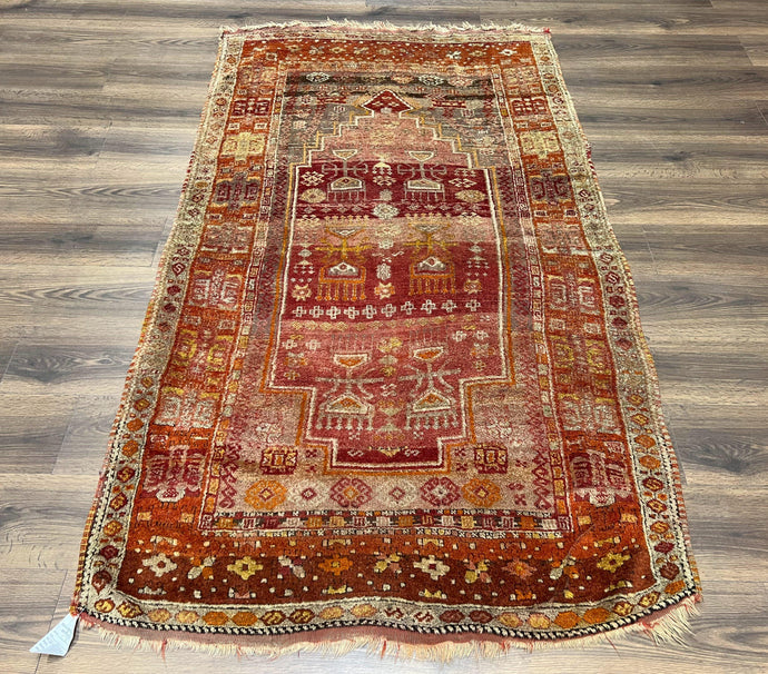 Antique Turkish Melas Rug 4x7, Tribal Geometric Unique Collectible Hand Knotted Wool Oriental Carpet, Rare 1920s Rug, Burnt Orange Red - Jewel Rugs