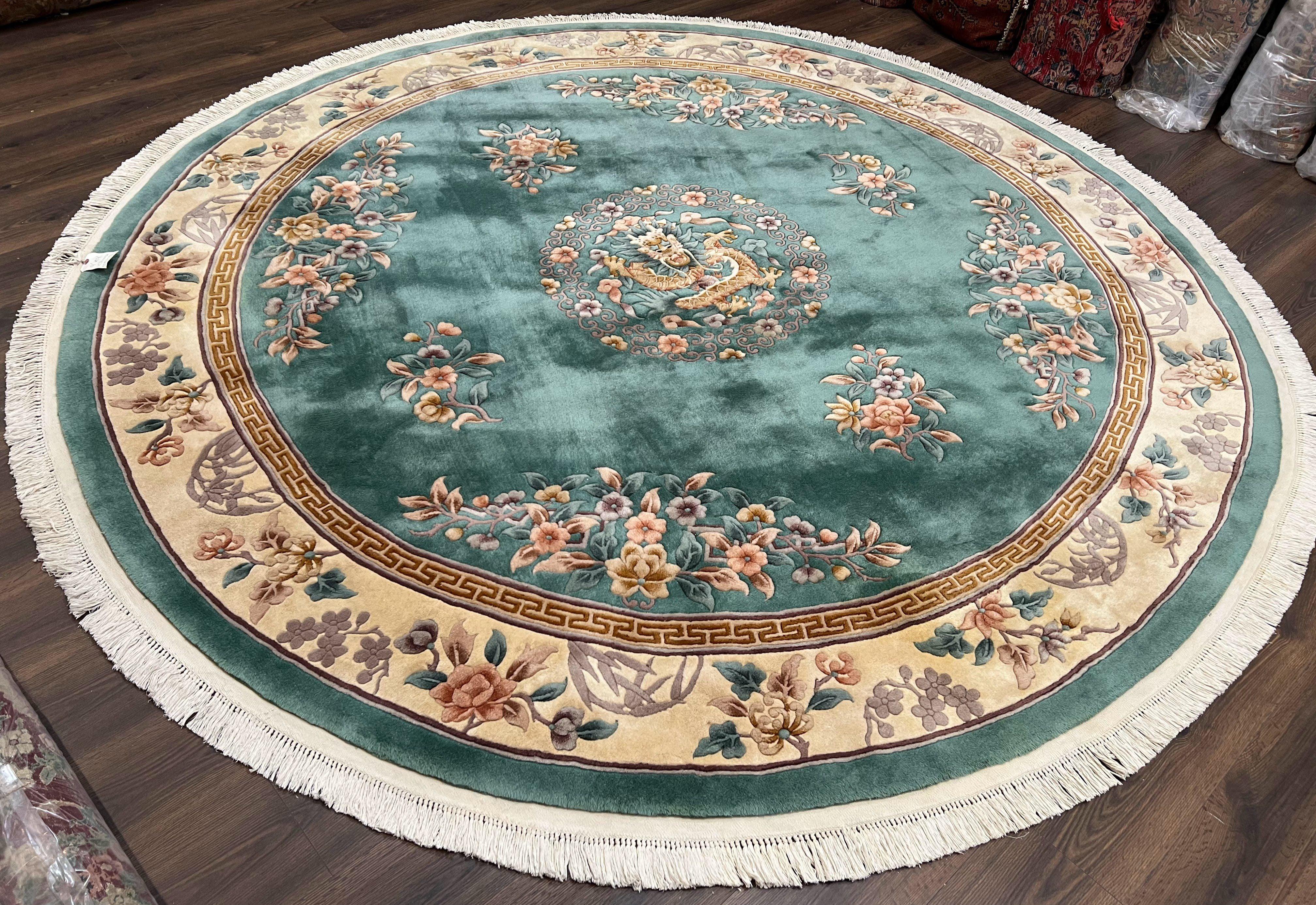 9ft Round Chinese Wool Rug, Vintage 1960s Chinese Dragon Carpet, 9x9 Round Rug, Green and Cream Floral Rug, Soft Plush Pile 90 Line Floral - Jewel Rugs