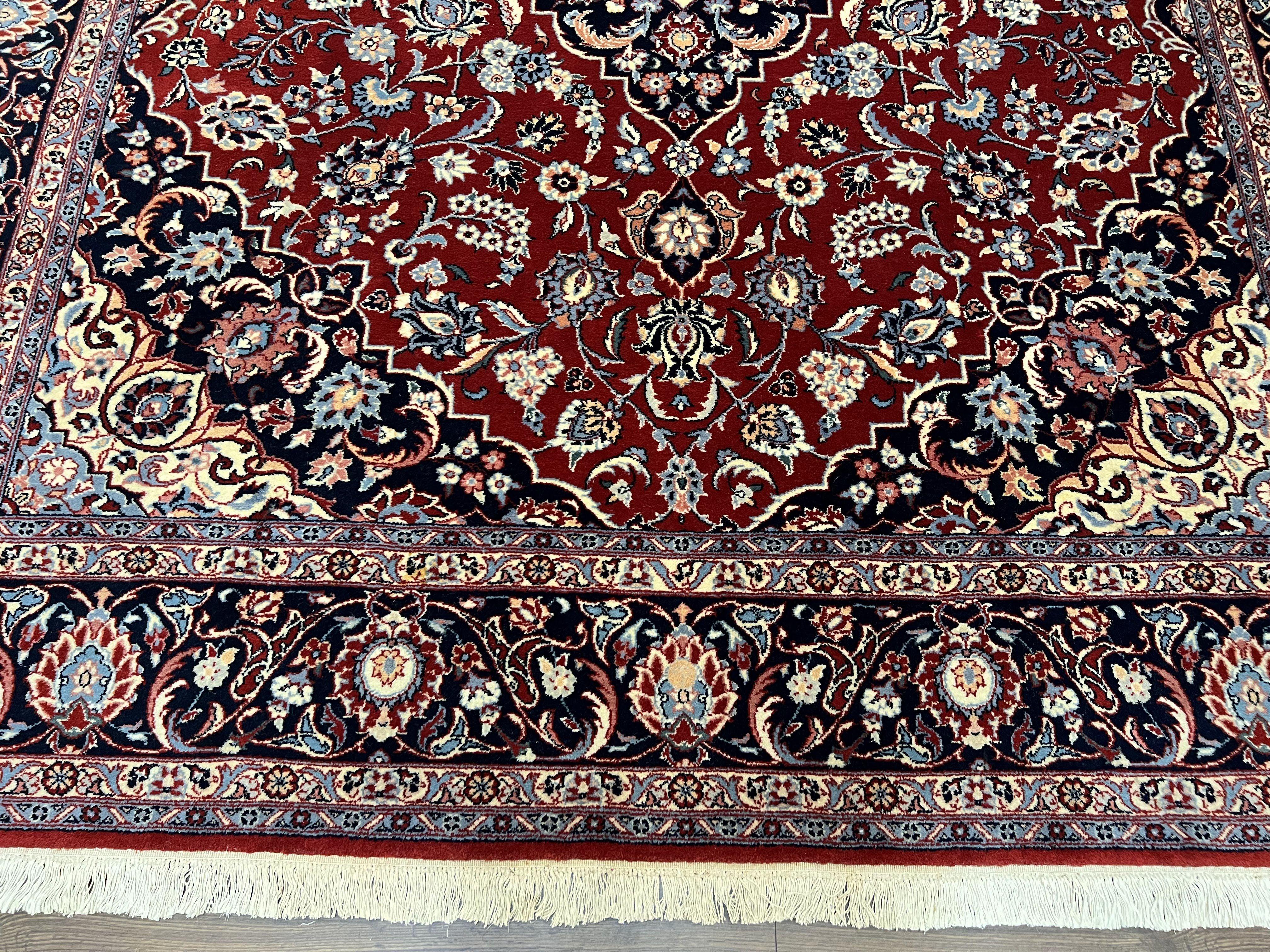 Pak Persian Rug 8x10, Vintage Pakistani Oriental Rug, Maroon Dark Blue Cream, Handmade Wool Carpet 8 x 10, Allover Floral Medallion Fine Rug - Jewel Rugs