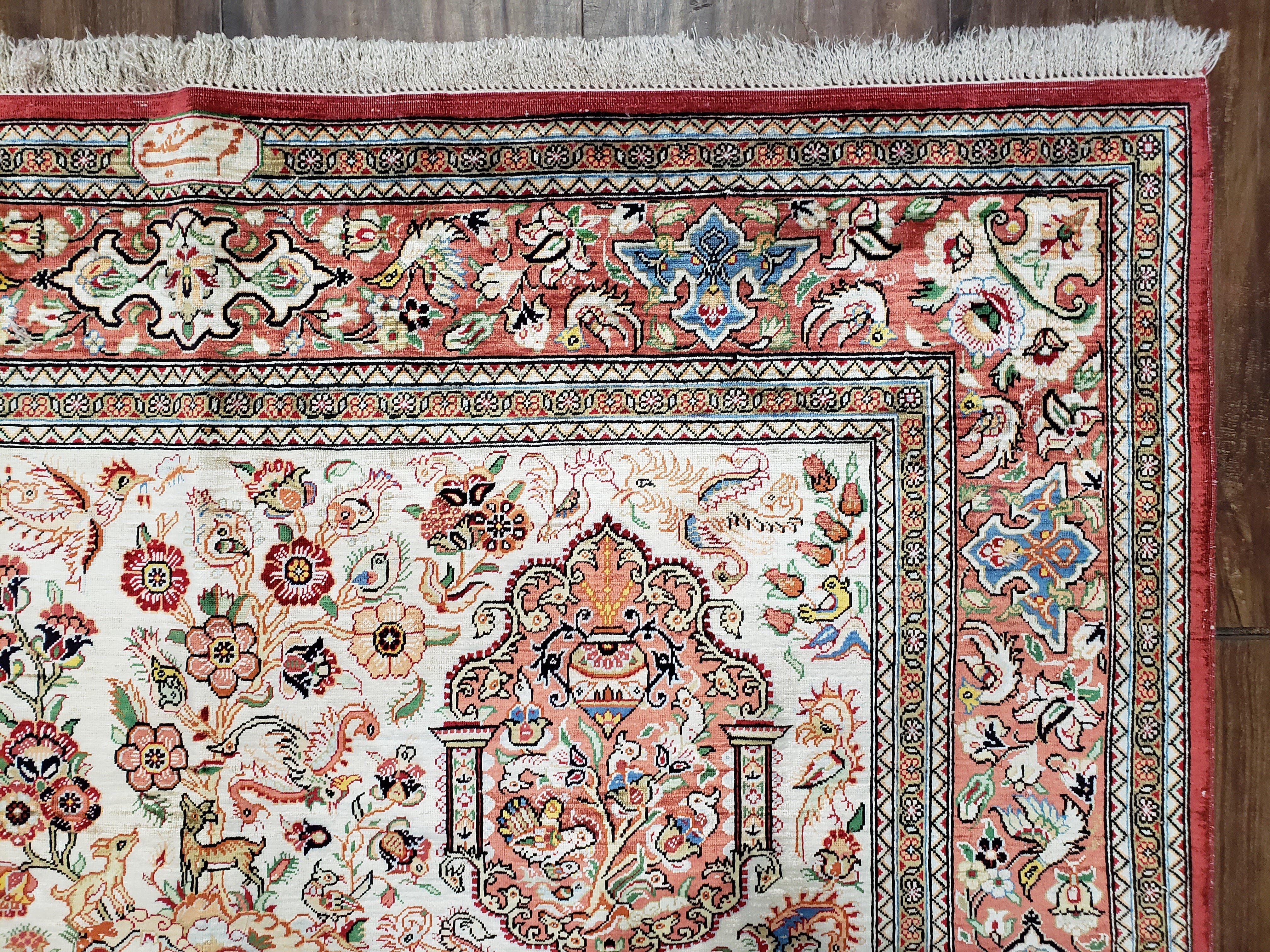 Vintage Persian Silk Qum Ghom Rug, Signature from Master Weaver, Animal Motifs, Very Fine, Hand-Knotted, 3'5" x 5' - Jewel Rugs