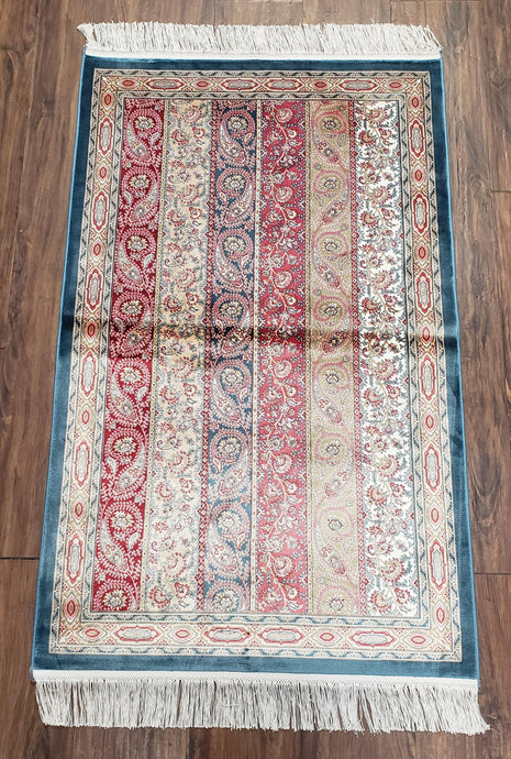 Paisley Pattern Silk Rug, Boteh Design, All Silk Accent Rug, Oriental Carpet, Very Detailed, 2' 8