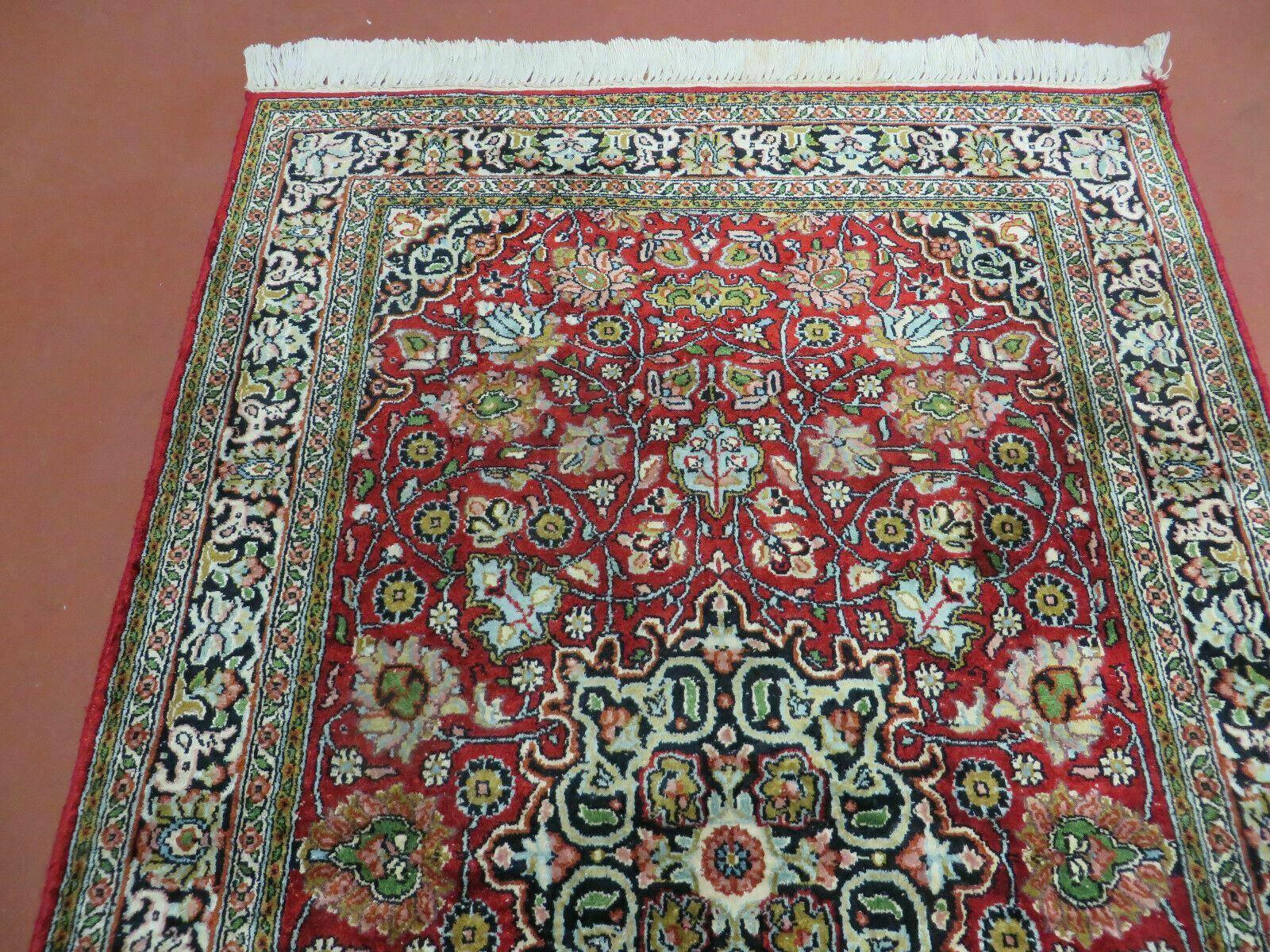 2.5' X 4' Vintage Handmade Fine Indo Kashmir Silk Red Rug Nice - Jewel Rugs