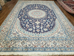 8' X 12' Finely Woven Handmade Persian Nain Oriental Floral Wool Area Rug - Ivory and Blue Carpet - Jewel Rugs