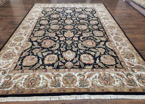 Indo Mahal Rug 9 x 12.6, Room Sized Indian Carpet, Black Ivory Tan, Handmade Wool Area Rug for Living Room, Large Floral Design Allover - Jewel Rugs