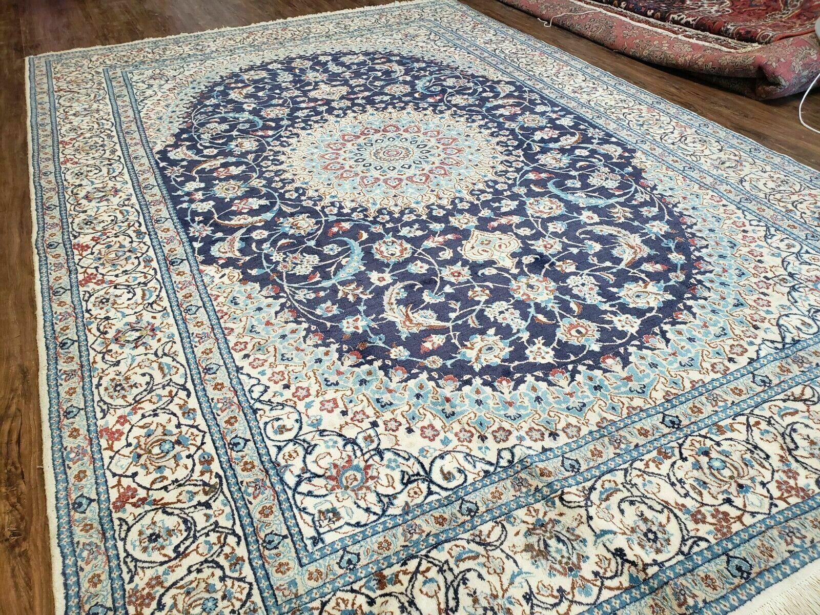 8' X 12' Finely Woven Handmade Persian Nain Oriental Floral Wool Area Rug - Ivory and Blue Carpet - Jewel Rugs