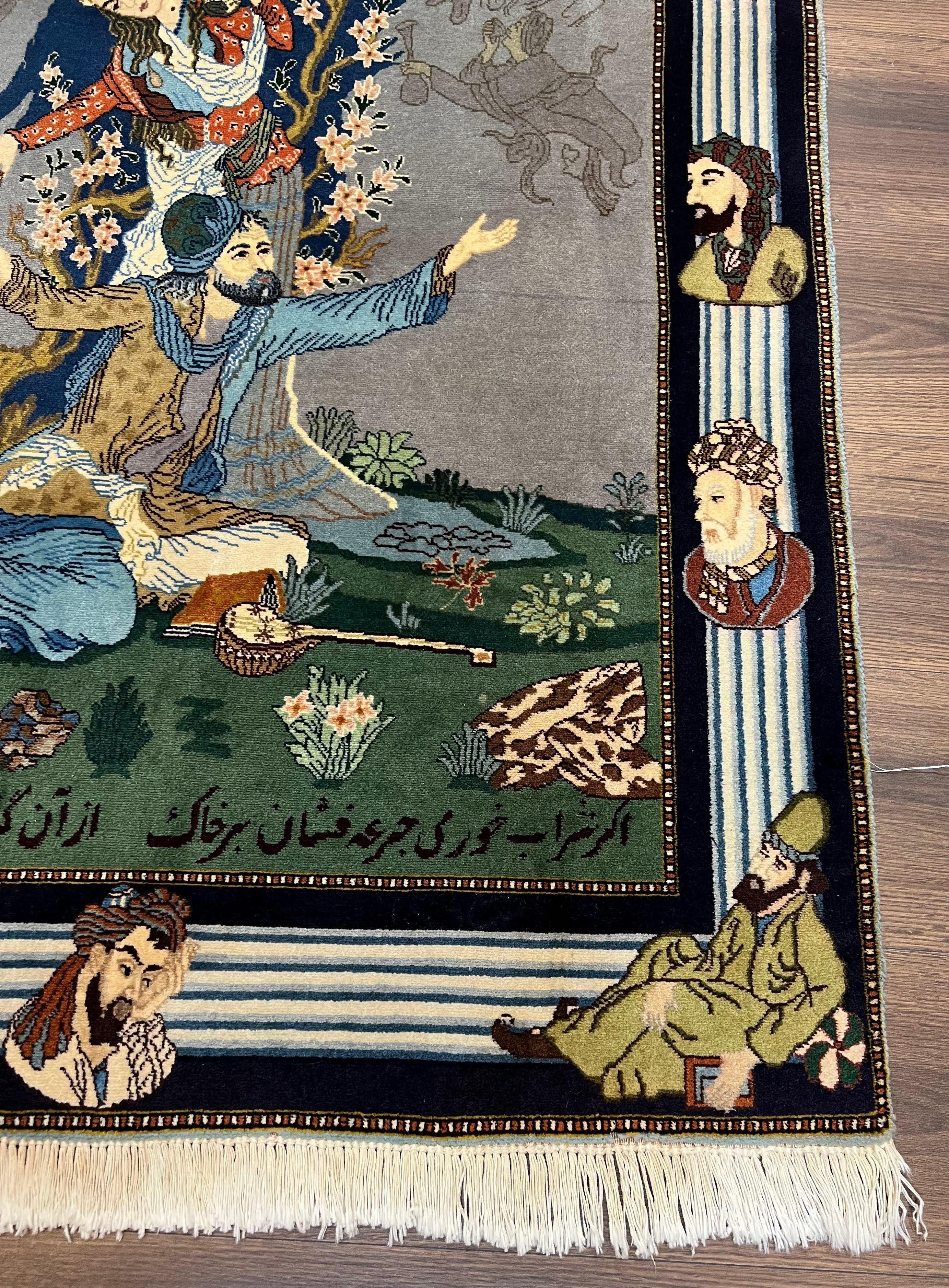 Persian Pictorial Rug 3.2 x 4.9, Vintage Tabriz Carpet, Leah and Majnun Lovers, Persian Poetry Hafez, Wool Hand Knotted Very Fine 300+ KPSI, Wall Hanging Rug 3x5 - Jewel Rugs