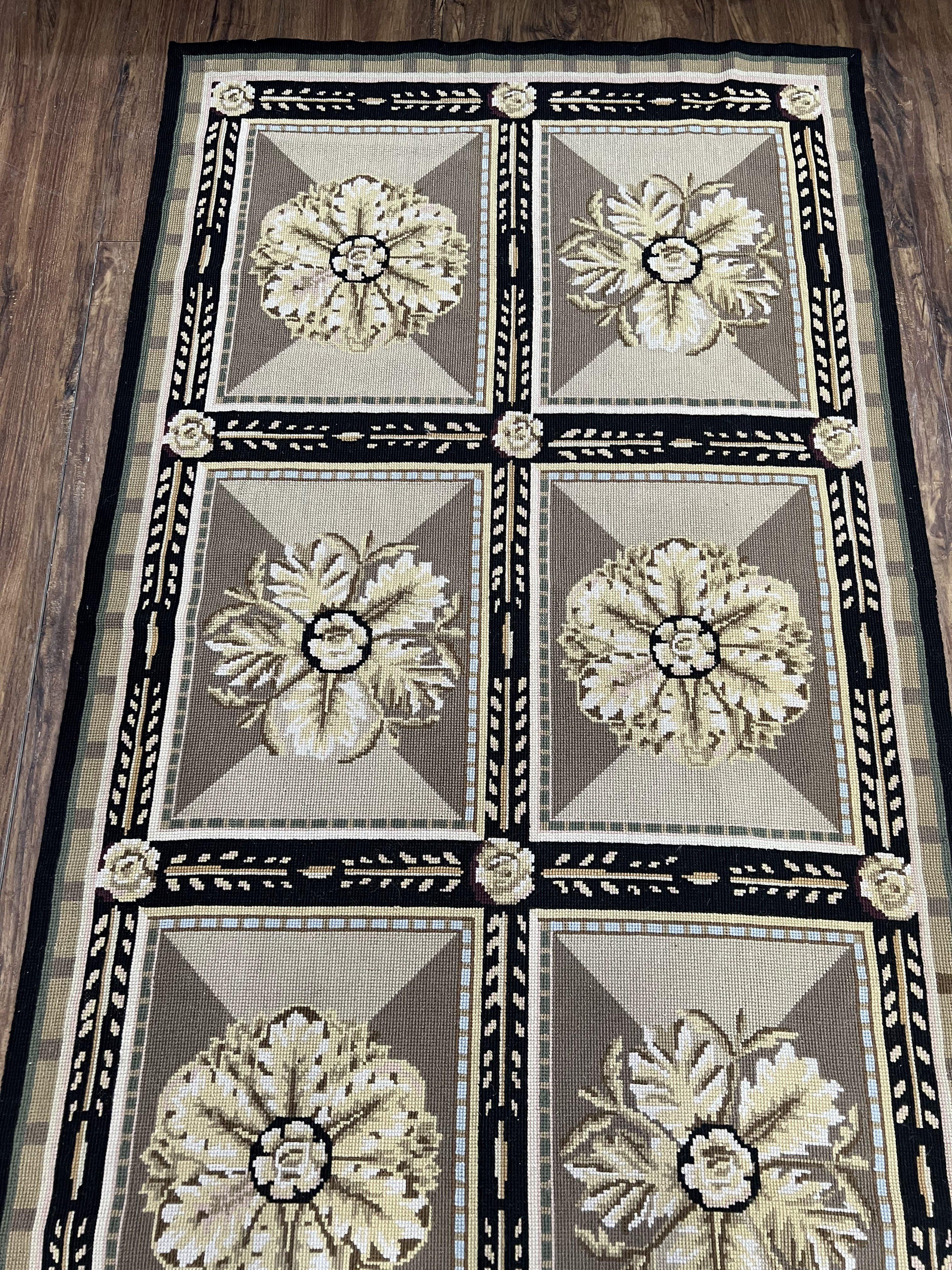 Needlepoint Runner Rug 3x11 English Floral Panel Design Rug, Flatweave Runner Rug, Chinese Runner Rug, Black Beige Wool Hand-Woven Vintage - Jewel Rugs