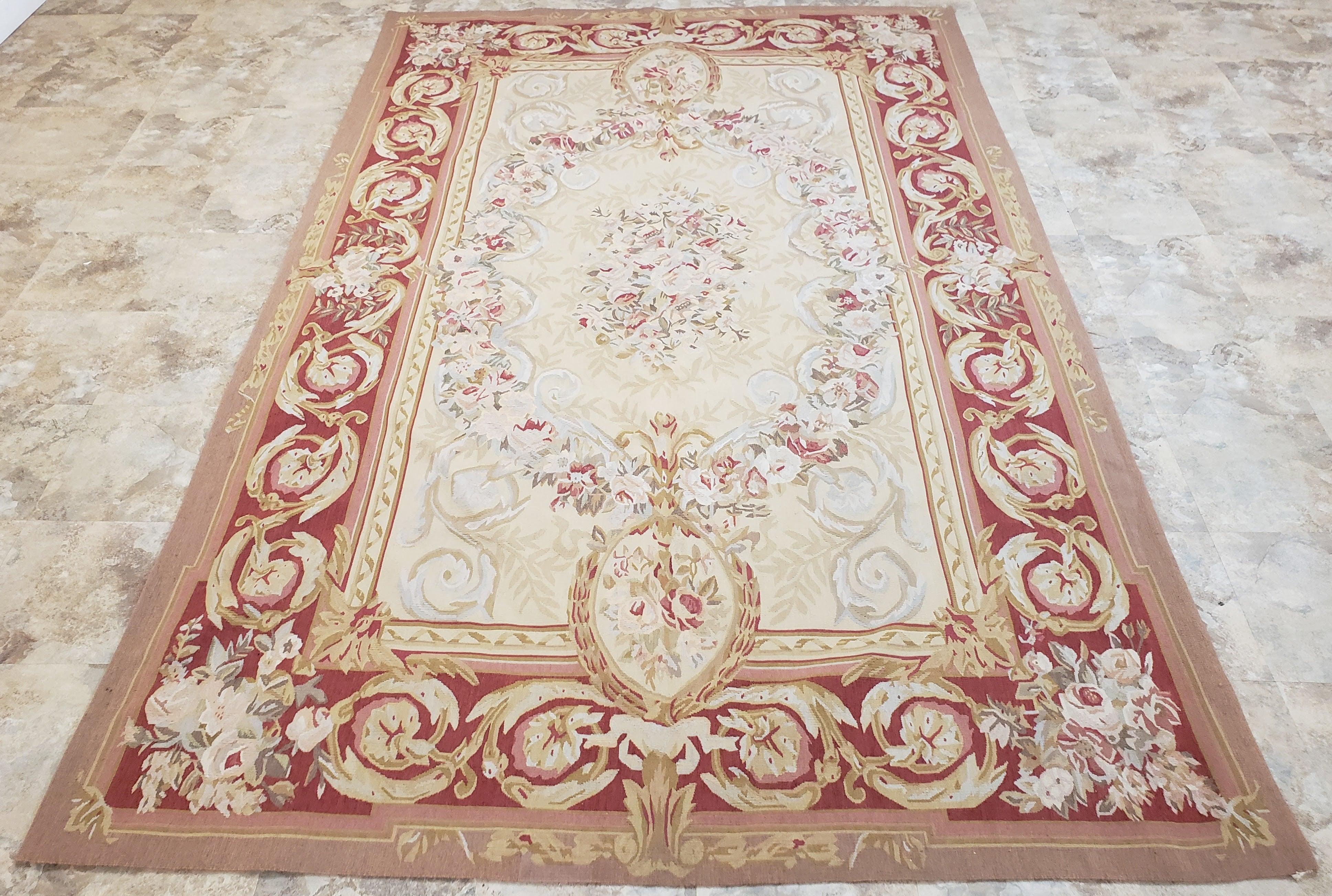 Aubusson Rug 6x9, Elegant Flatweave Rug, Aubusson Savonnerie 6 x 9 Flatweave Area Rug, Cream and Red, Wool Hand Woven Carpet, Medium Size - Jewel Rugs