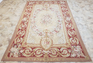 Aubusson Rug 6x9, Elegant Flatweave Rug, Aubusson Savonnerie 6 x 9 Flatweave Area Rug, Cream and Red, Wool Hand Woven Carpet, Medium Size - Jewel Rugs
