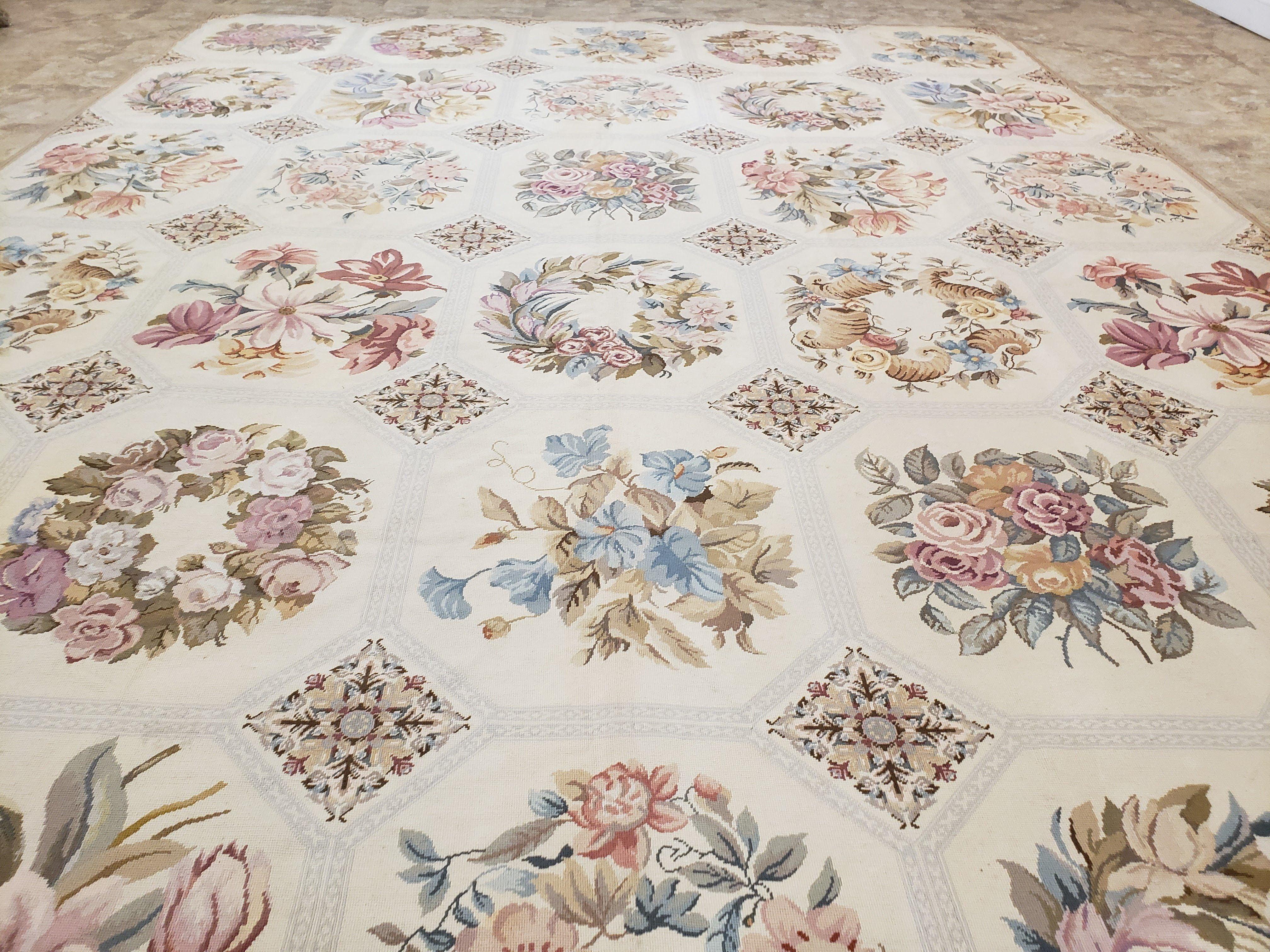 Needlepoint Rug 10x13 Vintage Carpet, Floral Panel Design, Beige, Multicolor Flowers, Handmade Hand Woven, Flatweave, No Pile, Wool - Jewel Rugs