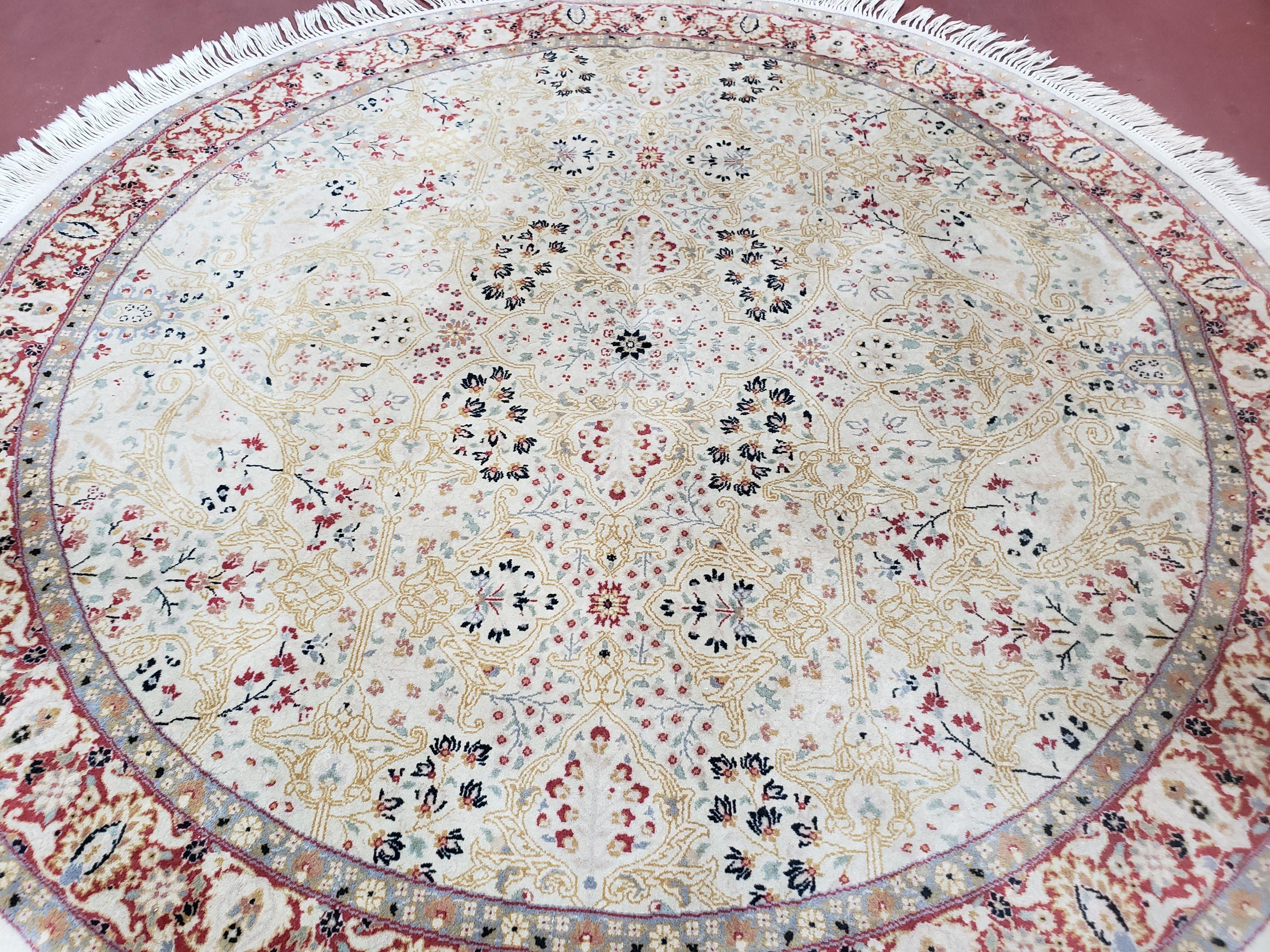 Vintage Pak Persian 6ft Round Area Rug, Wool Hand-Knotted Ivory & Golden Lines Colorful Haji Jalili Design Pakistani Carpet, 6x6 Round Rug - Jewel Rugs