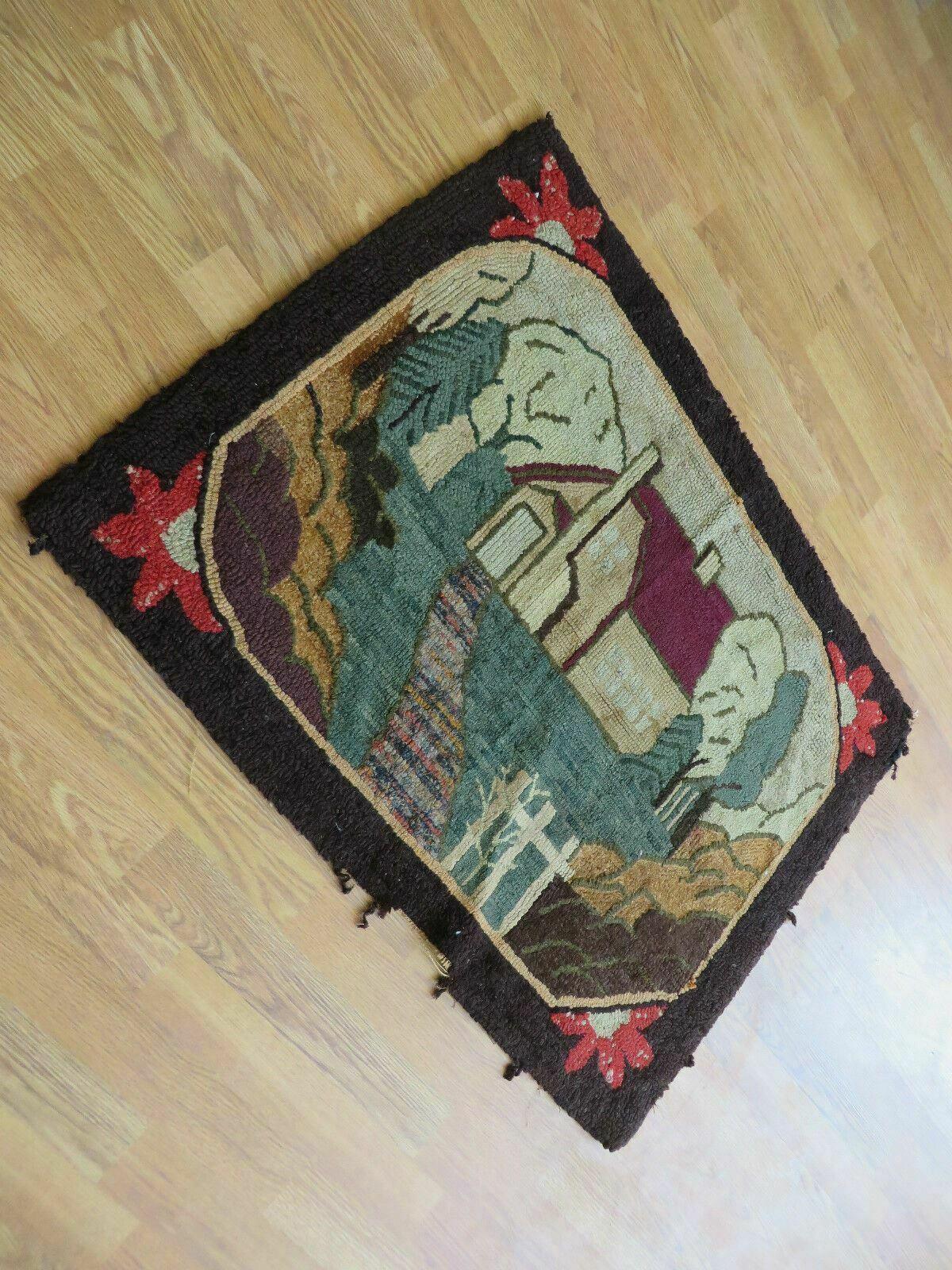 28" X 37" Antique Hooked Rug Wool Primitive Original House Trees - Jewel Rugs