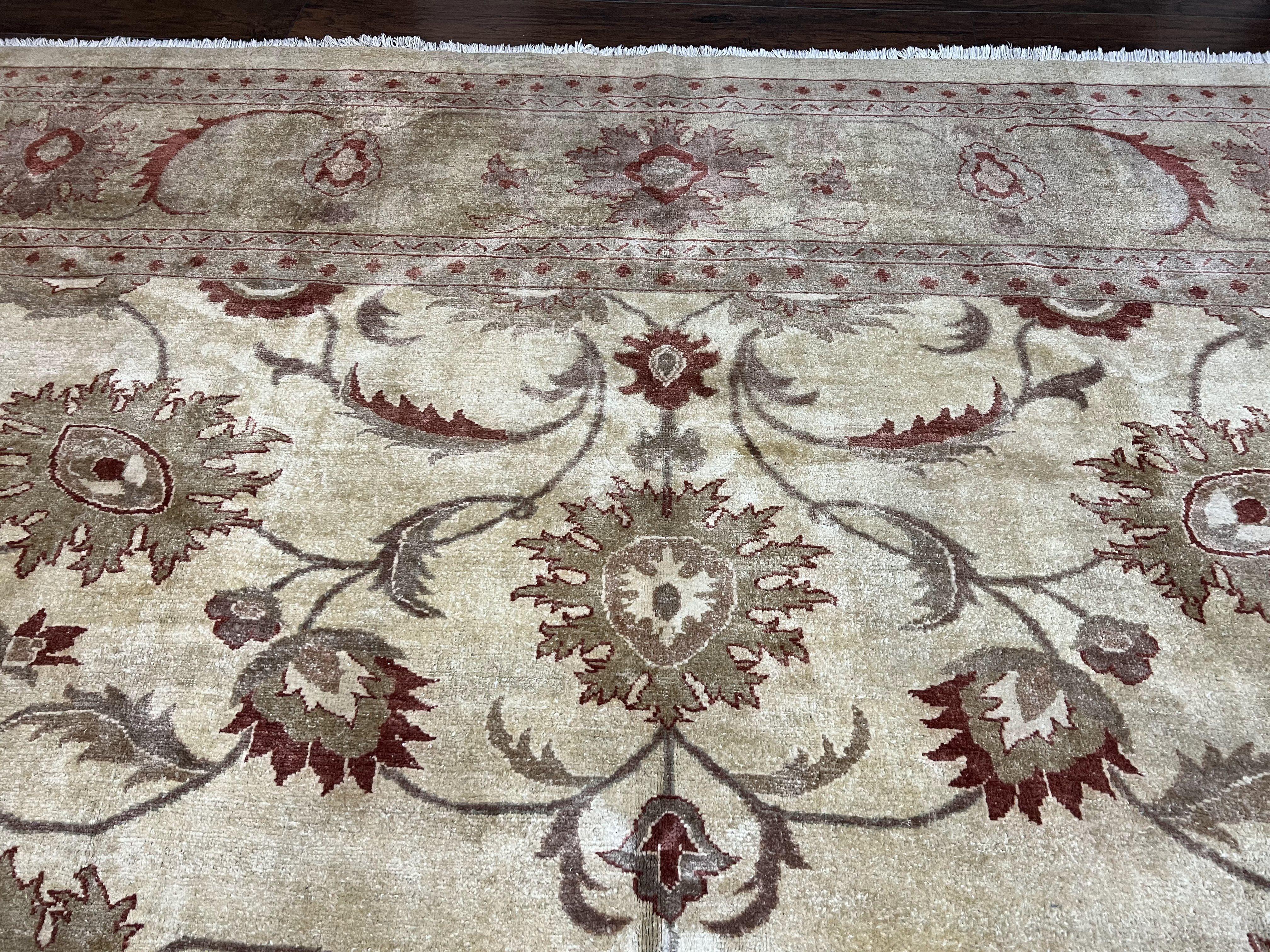 Large Peshawar Rug 11x14, Vintage Beige Chobi Carpet, Allover Floral Design, Hand Knotted, Wool, Room Sized Rug for Living Room Dining Room - Jewel Rugs