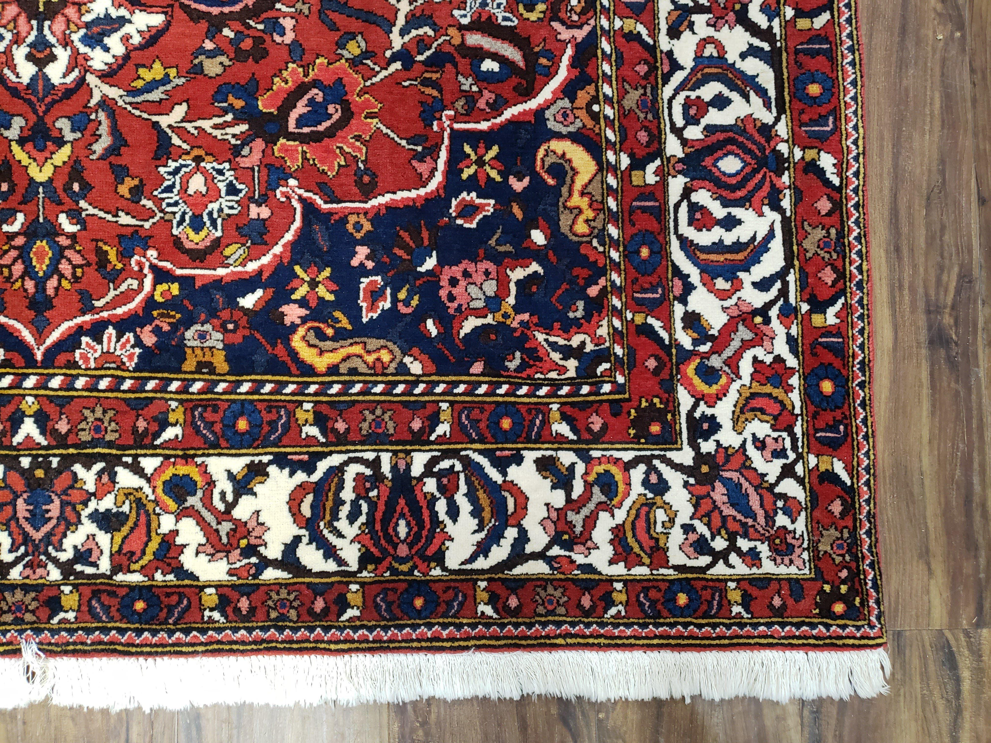 Semi Antique Persian Bakhtiari Rug, Hand-Knotted, Wool, Red, Midnight Blue, Ivory, Floral Medallion, 5'1" x 8' 6" - Jewel Rugs