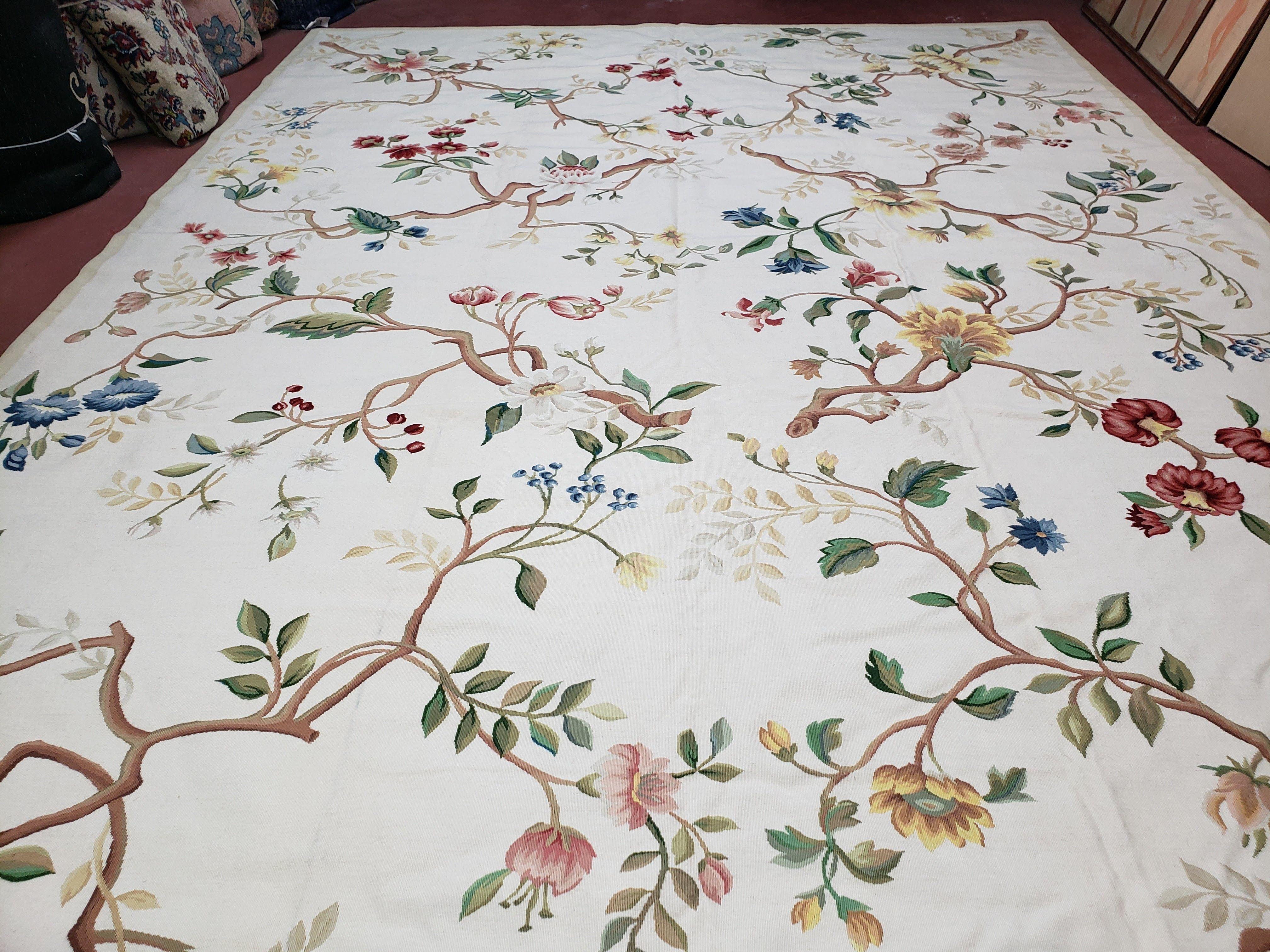 Large Aubusson Wool Rug, New 10x14 Aubusson Carpet, Ivory Background, Flowers Floral Design, European, Handmade Wool Rug, Beige Aubusson - Jewel Rugs