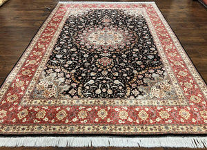 Marvelous Persian Tabriz Rug 7x10 ft, Super Fine 50 Raj, 300+ KPSI, Black and Rust Red, Floral Medallion Handmade Wool Oriental Carpet, Top Quality - Jewel Rugs