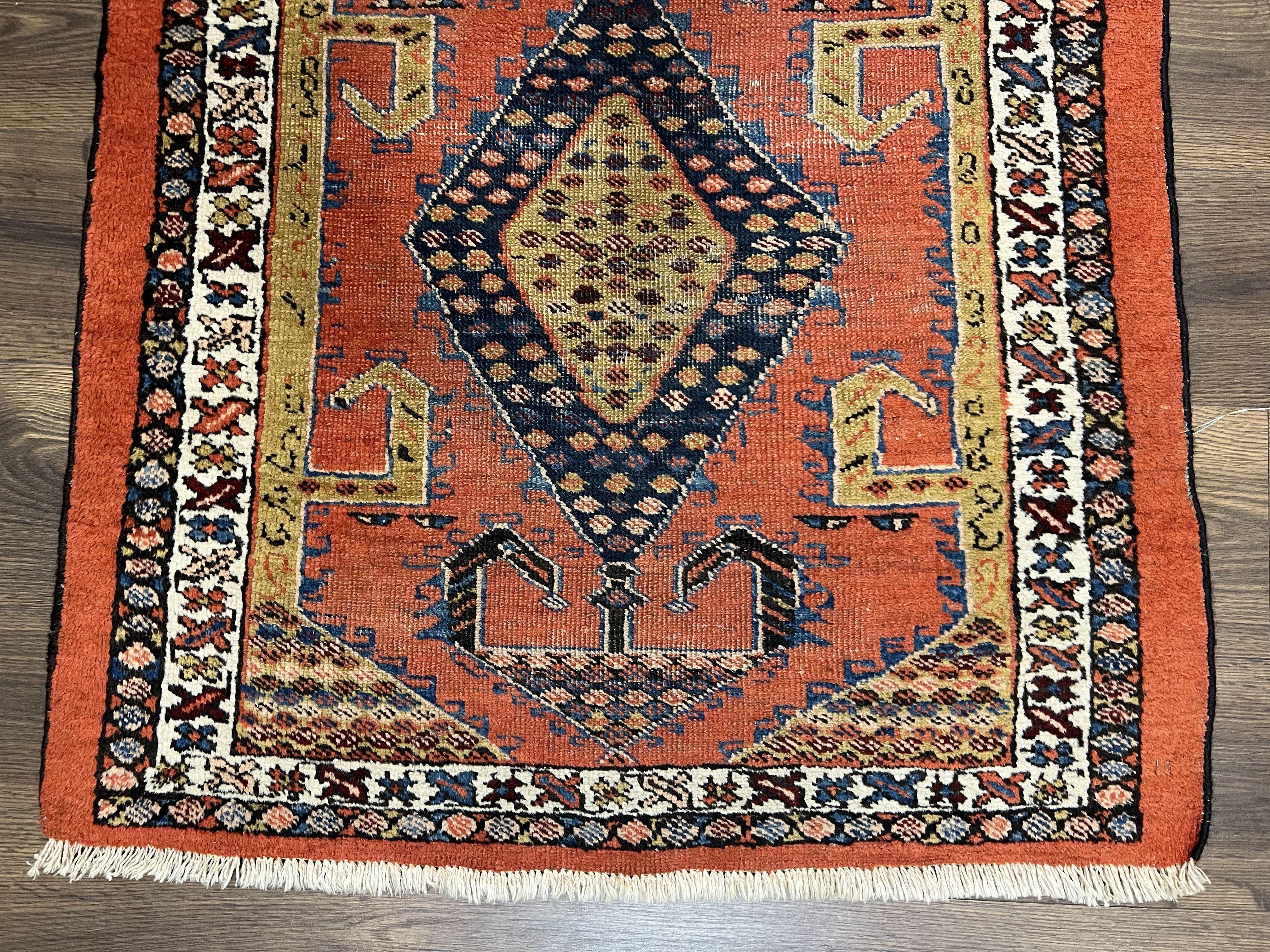 Rare Persian Tribal Runner Rug 3 x 11, Sarab Serab Persian Runner, Antique 1920s Collectible Geometric Medallions Oriental Wool Runner, Hand Knotted, Bright Orange-Red - Jewel Rugs