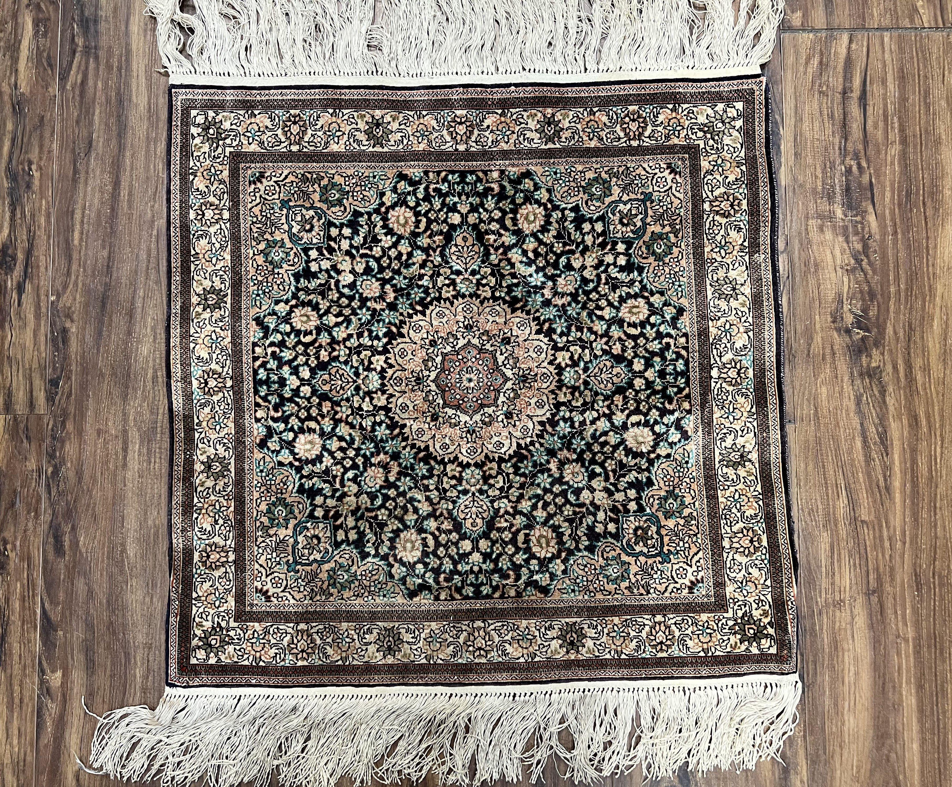 Sino Persian Silk Rug 2x2 ft, Very Fine High KPSI Small Silk Oriental Carpet, Hand-Knotted, Medallion, Vintage Silk Rug, Black Ivory/Cream - Jewel Rugs