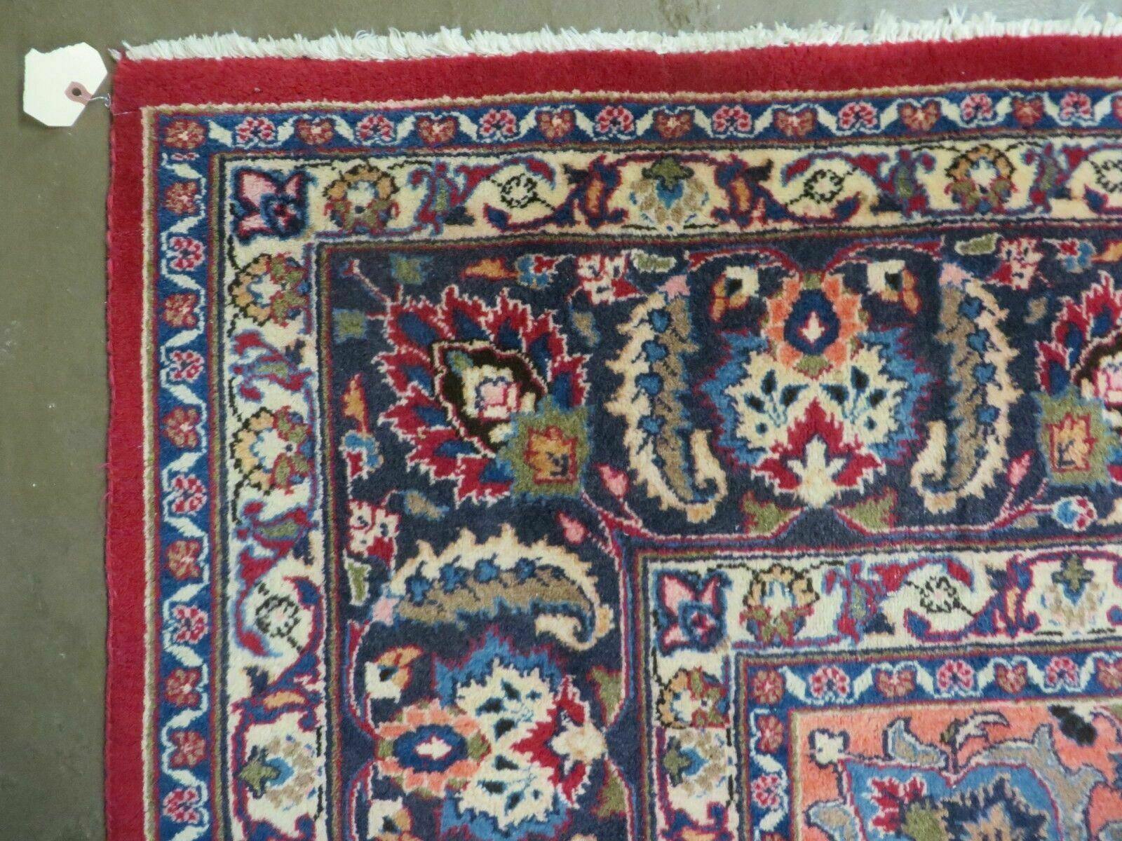 Signed Persian Mashad Rug 10x13 Oriental Carpet, Semi Antique Rug 10 x 13 Vintage Rug, Hand Knotted, Traditional, Red Blue Cream, Medallion Allover - Jewel Rugs