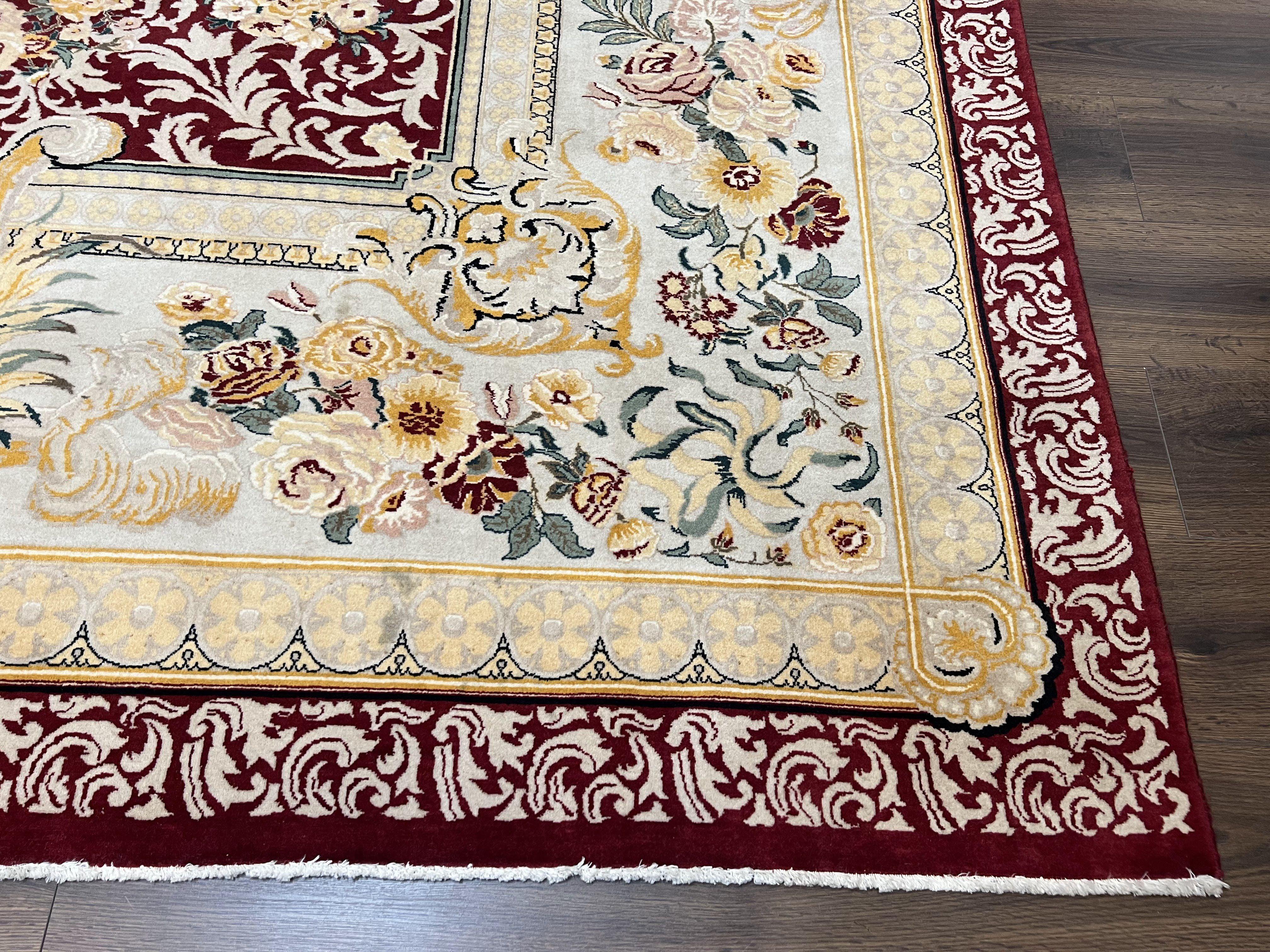 Aubusson Savonnerie Rug 9x12, Vintage French Aubusson Wool Carpet 9 x 12, Burgundy Light Blue Gold, Handmade with Pile Elegant Floral Rug - Jewel Rugs