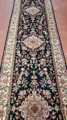 Traditional Oriental Runner Rug, 12ft Long Hallway Carpet, 2.5 ft Wide Black & Ivory Persian Runner, 2' 7" x 12", Hand Knotted Wool Vintage - Jewel Rugs