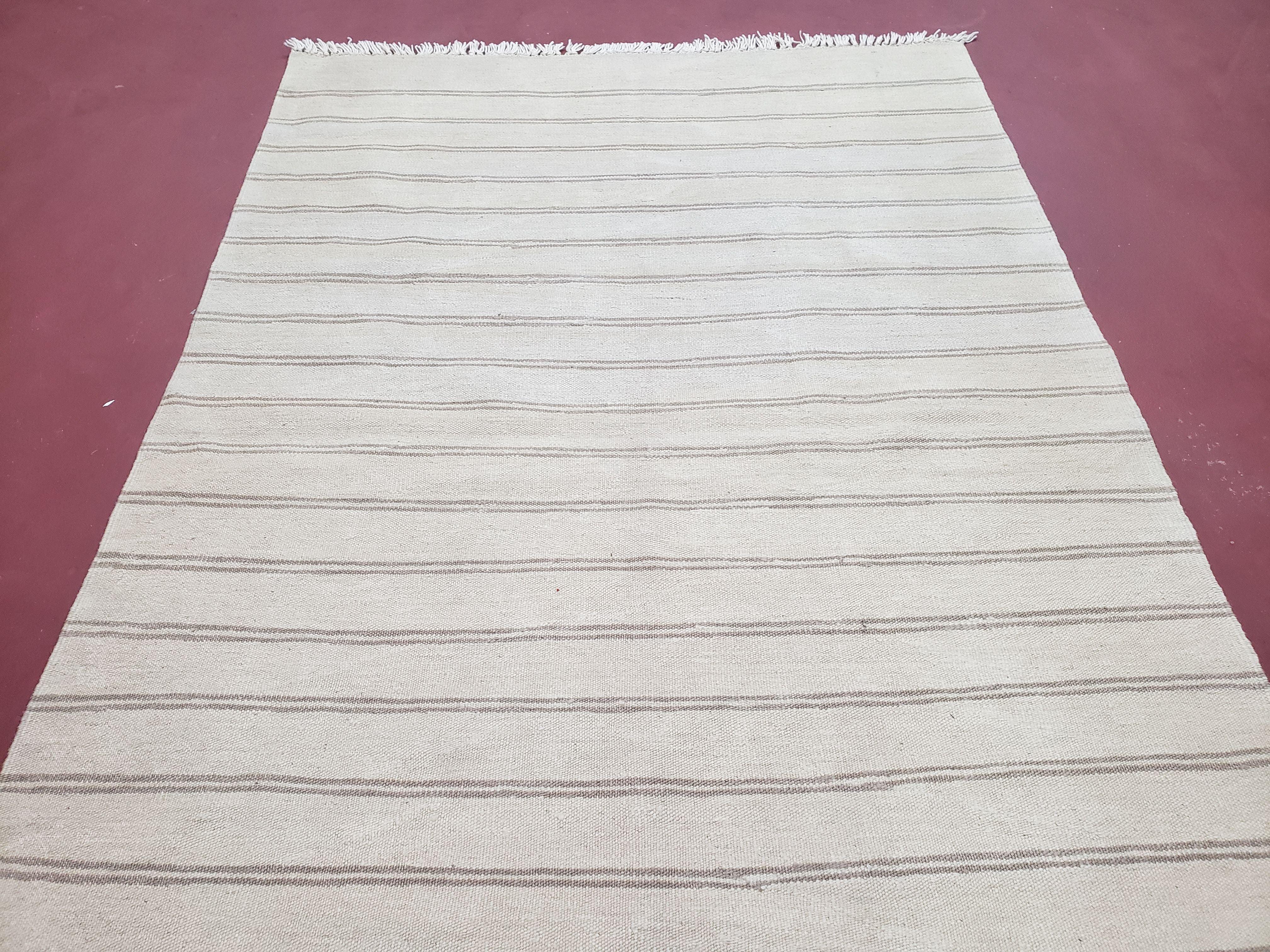 New Striped Turkish Kilim Area Rug 4x6 ft, Hand-Knotted, Wool, Light Gray, Earth Tone Decor, Flatweave Kilim, Two Toned Rug, Southwestern - Jewel Rugs