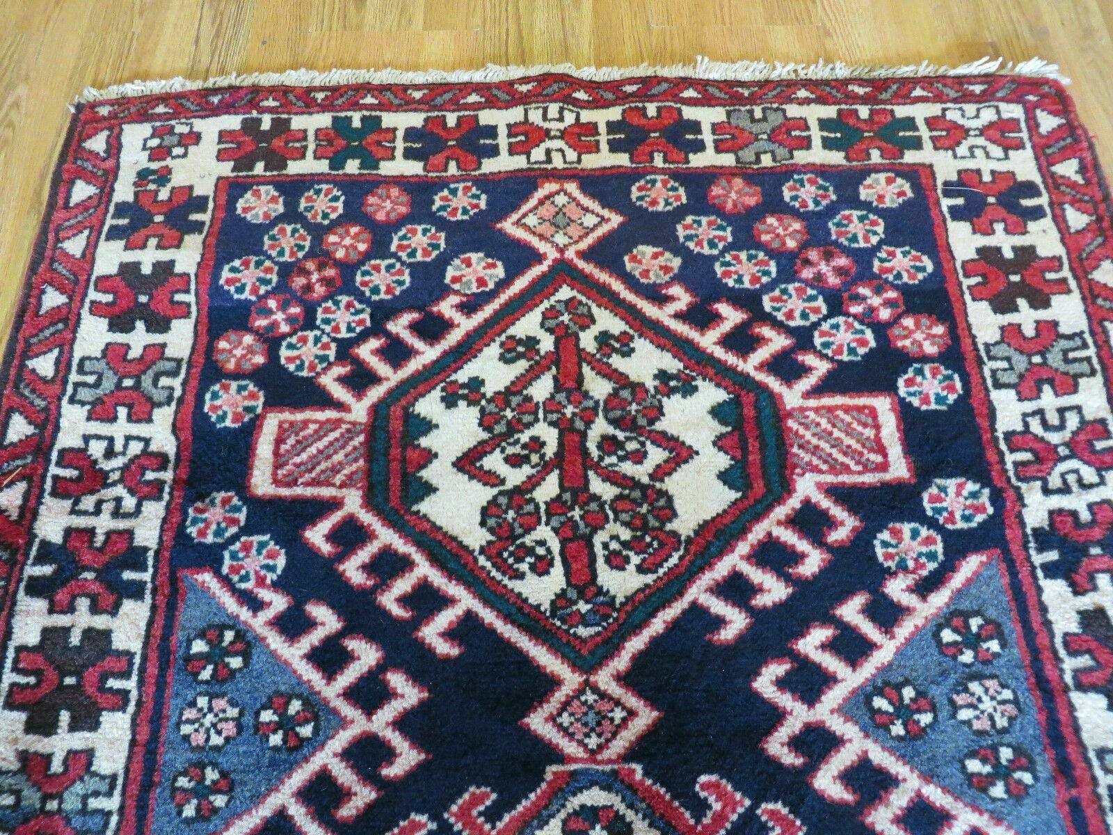 Persian Tribal Runner Rug 3.5 x 10.7, Persian Karajeh Heriz Rug, Hand Knotted Antique Wool Vegetable Dyed Hallway Runner, Navy Blue Red Off White, Geometric Medallions - Jewel Rugs