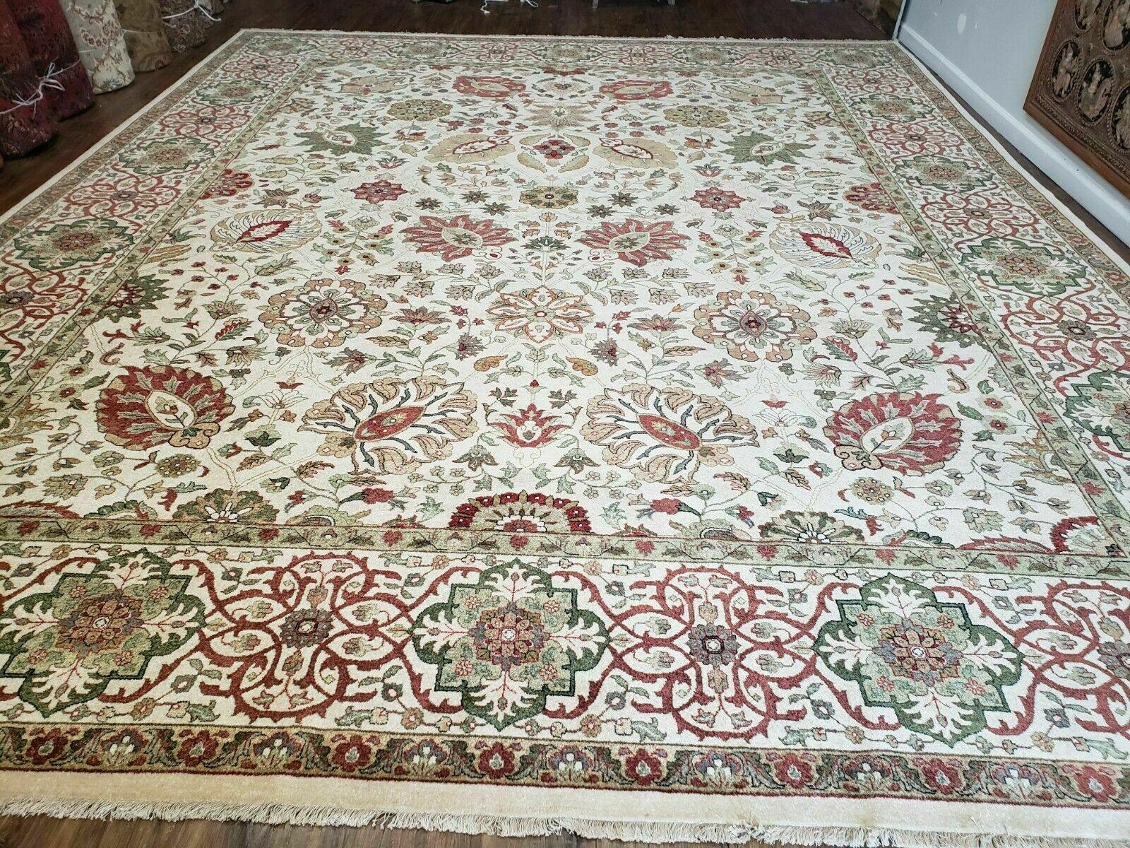 12' X 15' One-of-a-Kind Indian Hand-Knotted Wool Rug Hand Made Floral Ivory Nice - Jewel Rugs