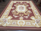 Aubusson Rug 9x12, Red Ivory Gold Tan, Handmade Hand Woven Aubusson Savonnerie Carpet, Vintage Flatweave Room Sized Aubusson Area Rug 9 x 12 - Jewel Rugs