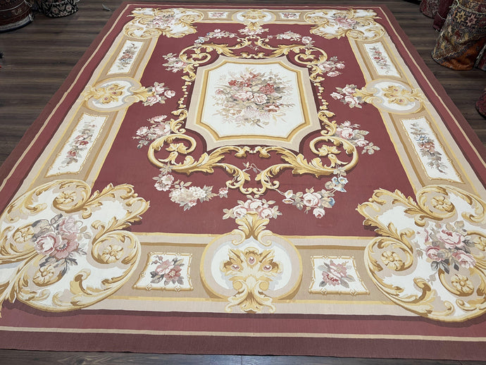 Aubusson Rug 9x12, Red Ivory Gold Tan, Handmade Hand Woven Aubusson Savonnerie Carpet, Vintage Flatweave Room Sized Aubusson Area Rug 9 x 12 - Jewel Rugs