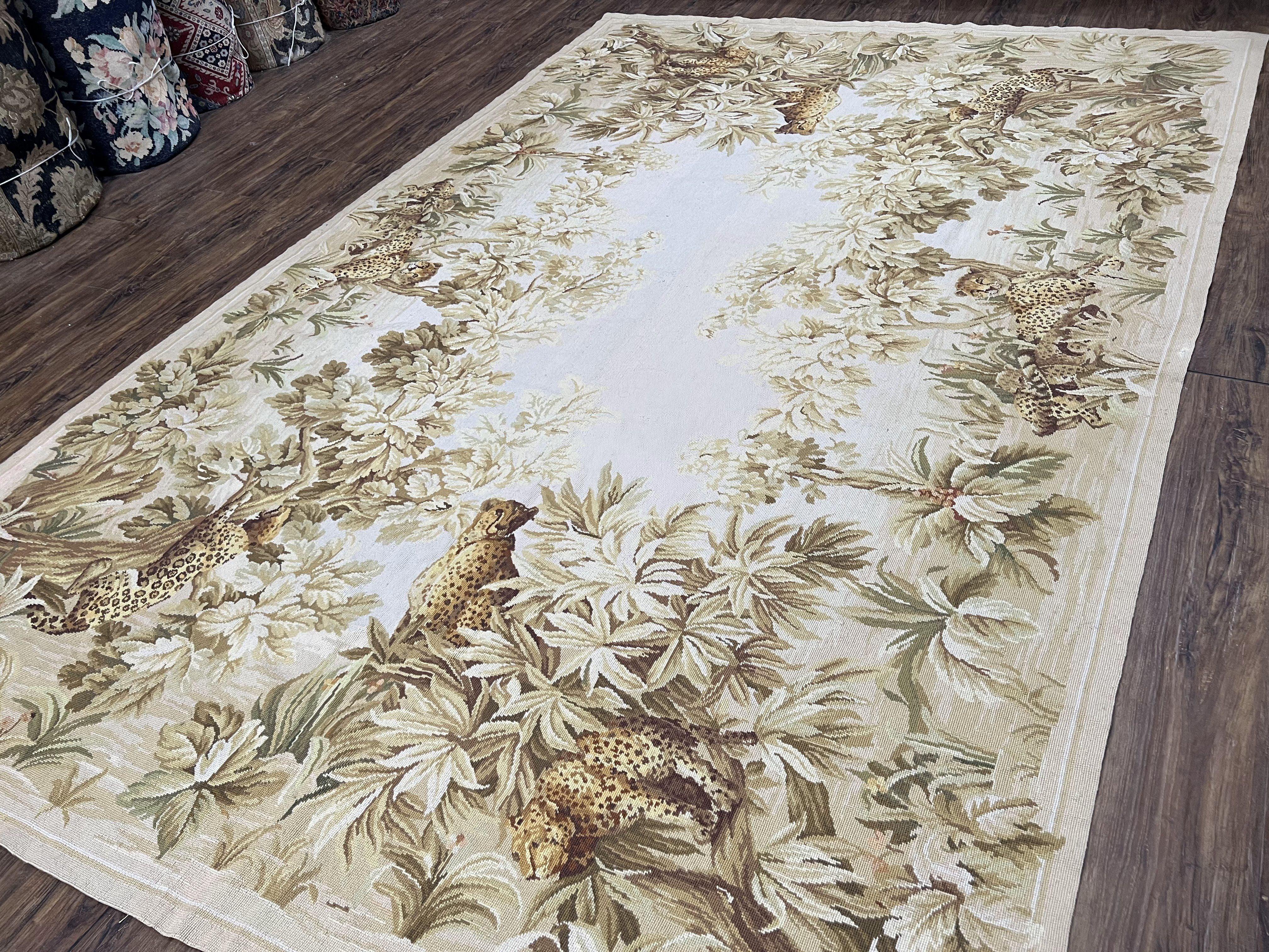 Aubusson Rug 6x9 French Aubusson Carpet, Flatweave Rug, Leopards and Flowers, Elegant Carpet, European Design, Wool Handwoven, Ivory Beige - Jewel Rugs