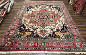 Indo Heriz Rug 8x10, Vintage Geometric Serapi Carpet 8 x 10, Red Cream, Decorative Wool Hand Knotted Rug, Indo Persian Rug, Large Medallion - Jewel Rugs