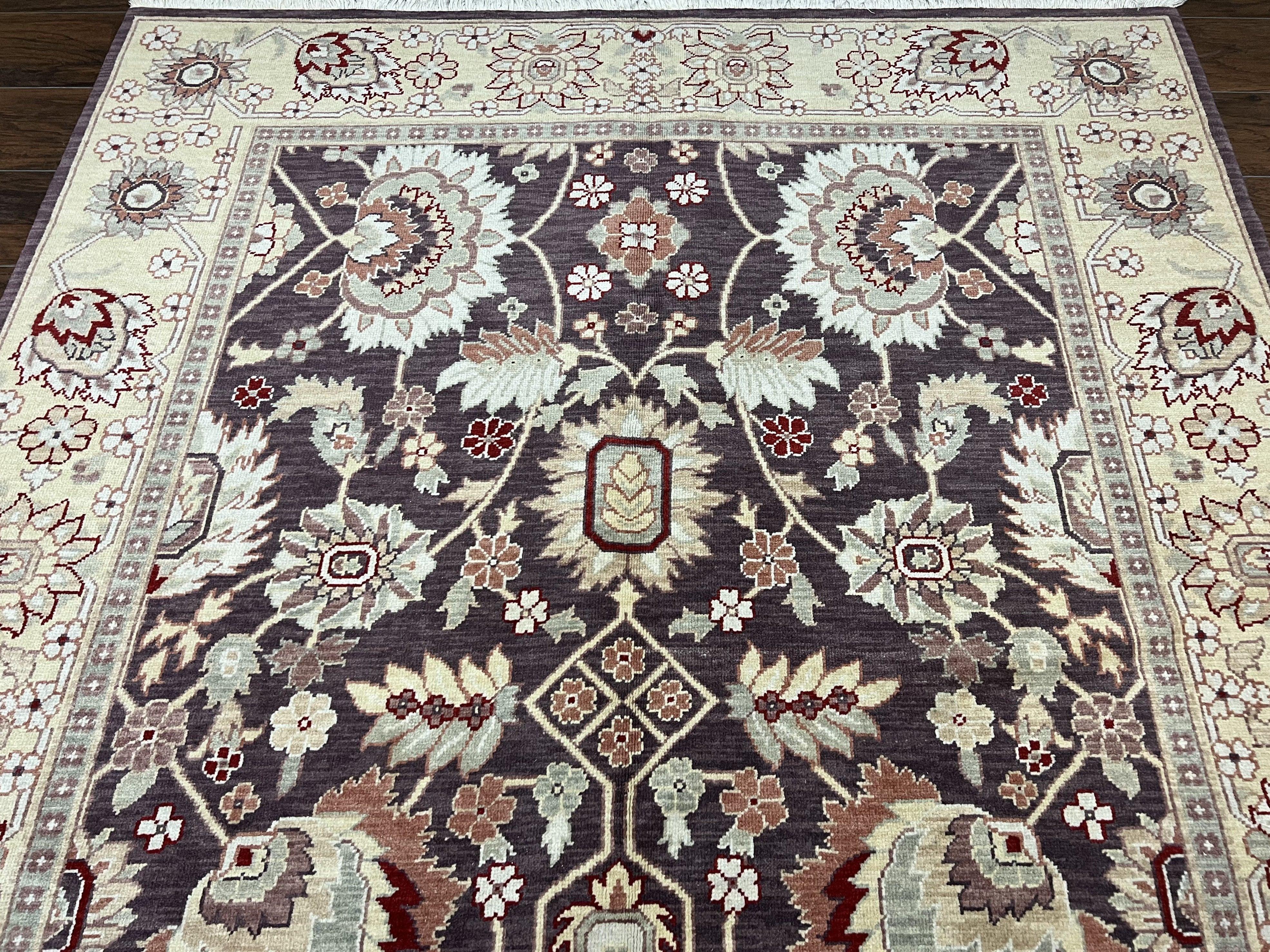 Vintage Indo Mahal Area Rug 6x9, Indian Persian Oriental Carpet 6 x 9, Puce Eggplant Tan Beige Rug, Hand-Knotted, Large Floral Design Wool - Jewel Rugs