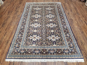Semi-Antique Persian Kashan Rug, Midnight Blue & Ivory, Hand-Knotted, Wool, 4' 8" x 7' 4", Pair A - Jewel Rugs
