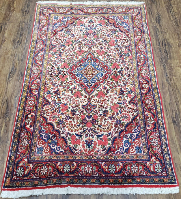 Semi Antique Persian Bidjar Rug, Ivory Red & Blue, Floral, Hand-Knotted, Wool, 3'4