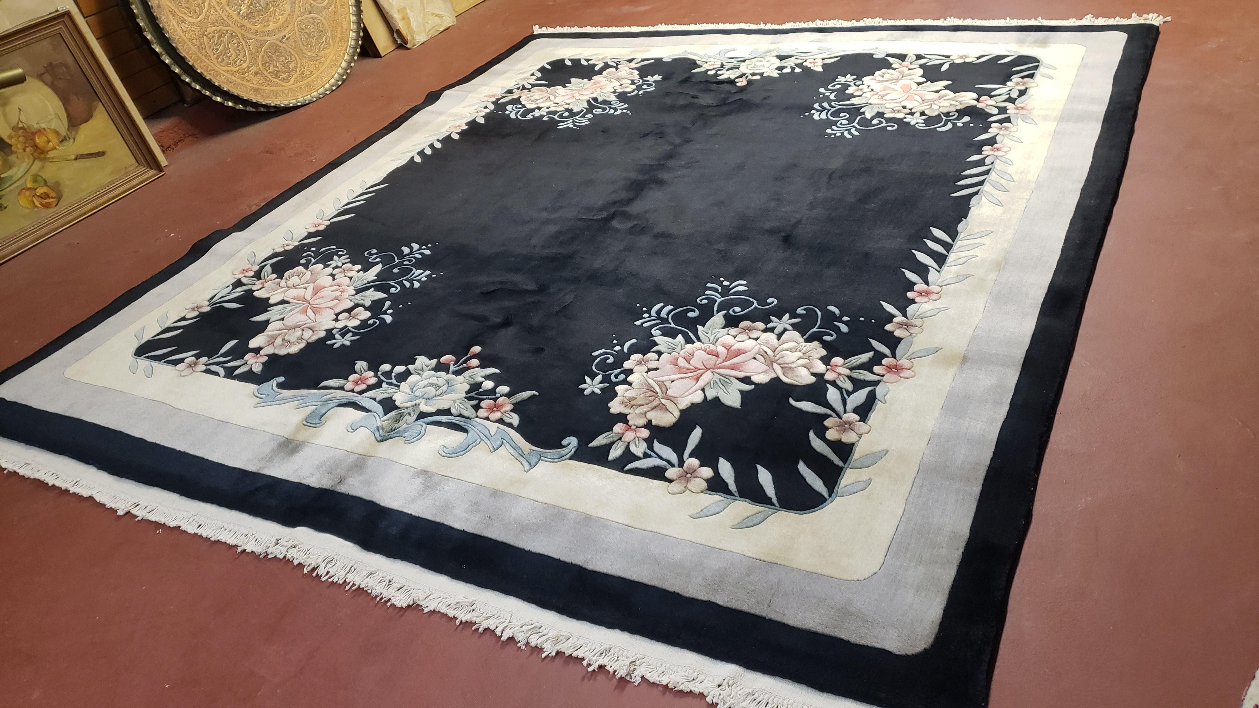 7' 9" x 8' 9" Black Chinese Rug Plush Pile Almost Square 8x9 Vintage Rug Wool Flower 120 Line Simple Traditional Chinese Carpet Minimalistic - Jewel Rugs