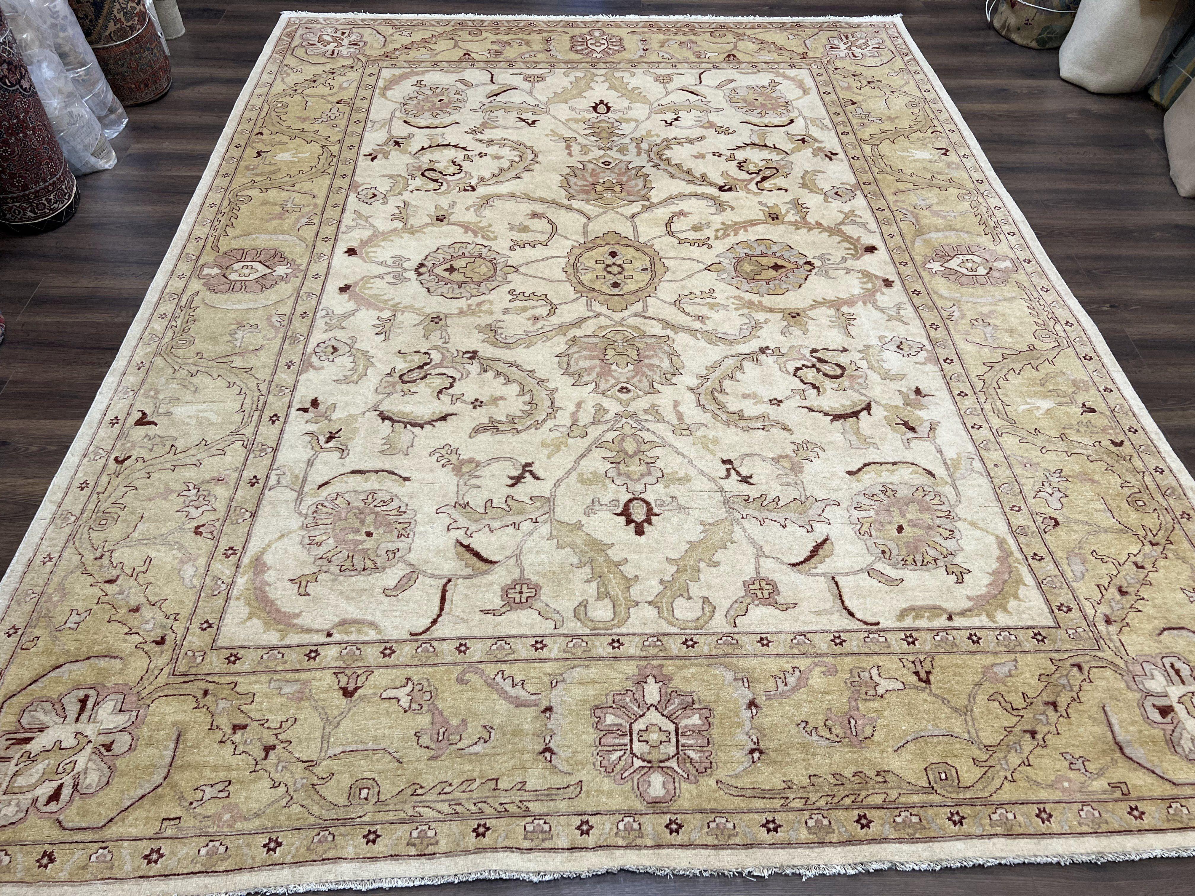 Peshawar Rug 9x12 ft, Neutral Colors Oushak, Pakistani Vintage Oriental Carpet 9 x 12 ft, Hand Knotted Wool Area Rug, Muted Light Colors - Jewel Rugs