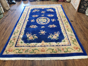 Blue Chinese Rug Vintage 6x9 Carpet, Chinese Dragon Medallion, Blue & Beige, Hand-Knotted, Soft Wool Pile, Art Deco Rug, Chinese Carving Rug - Jewel Rugs