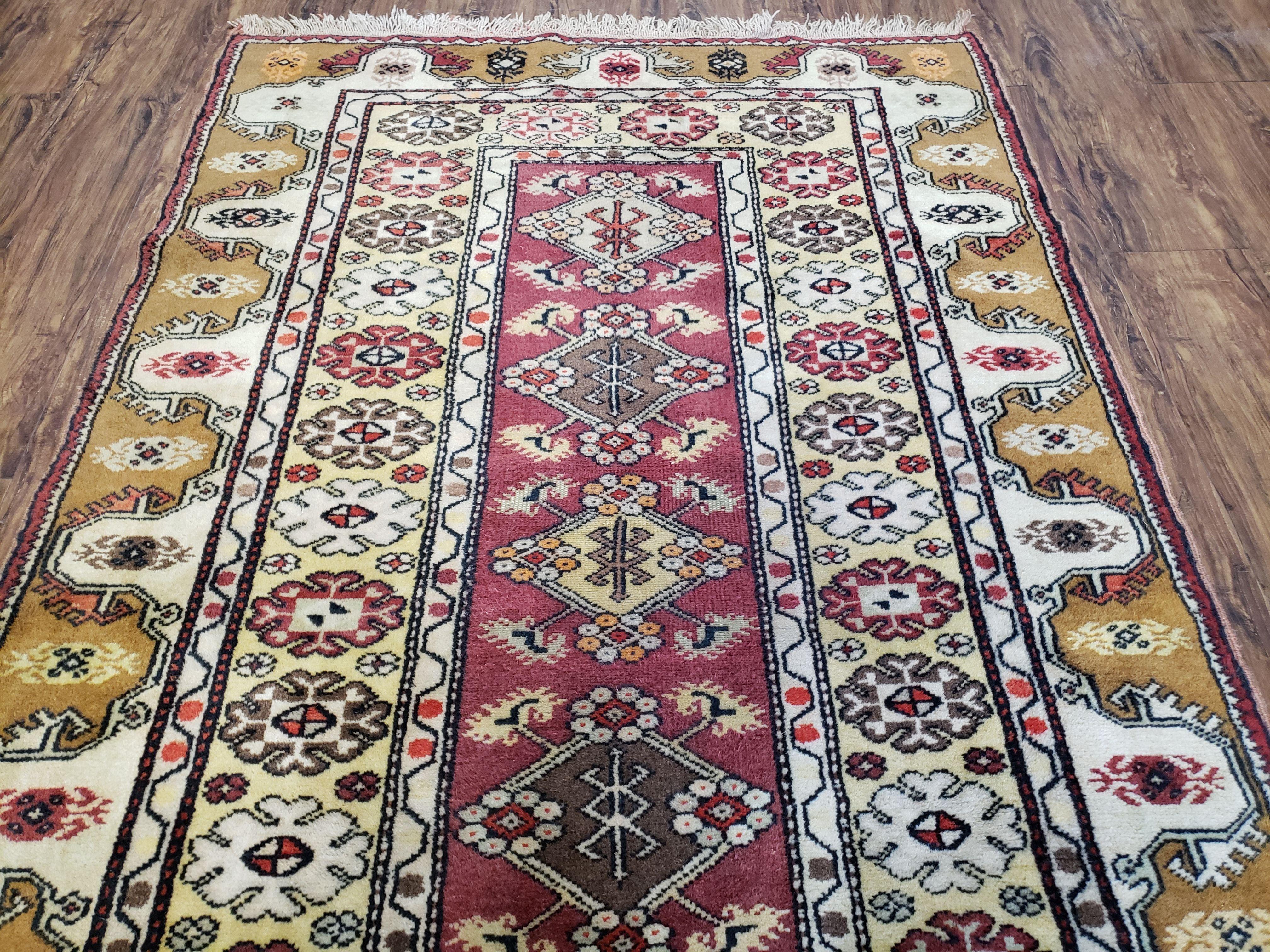 Turkish Caucasian Rug 4x7, Vintage Hand-Knotted Wool Turkish Talish Carpet 4 x 7, Cream, Burnt Orange Carmine Red Area Rug, Bohemian Rug - Jewel Rugs