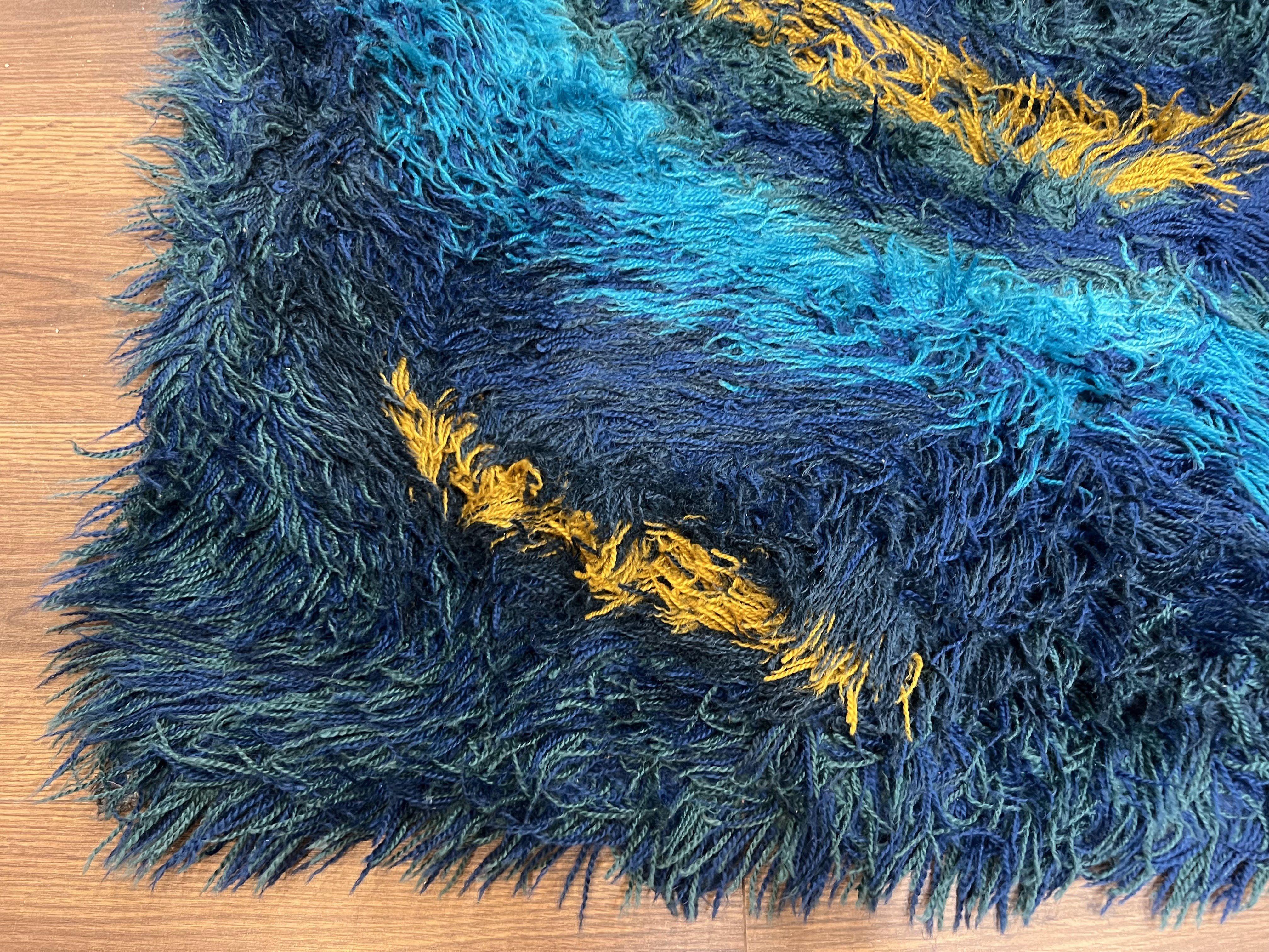 Mid Century Rya Danish Shag Rug 4.7 x 6.8, Multicolor Blues and Gold, Vintage Retro 1960s Shag Rug, Unique Carpet, Vintage Area Rug - Jewel Rugs