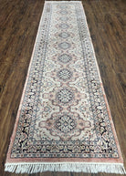 Silk Kashmiri Runner 2.7 x 10 ft Vintage Rug, Ivory Pastel Pink, Hand-Knotted Vintage Runner, Hallway Carpet, Indian Rug Medallion Runner - Jewel Rugs