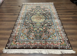 Sino Persian Silk Rug 5x8, Hand Knotted Silk Carpet, Very Fine Vintage Oriental Rug, Black Brown Cream, Birds Floral Medallion 5 x 8 ft Wow - Jewel Rugs